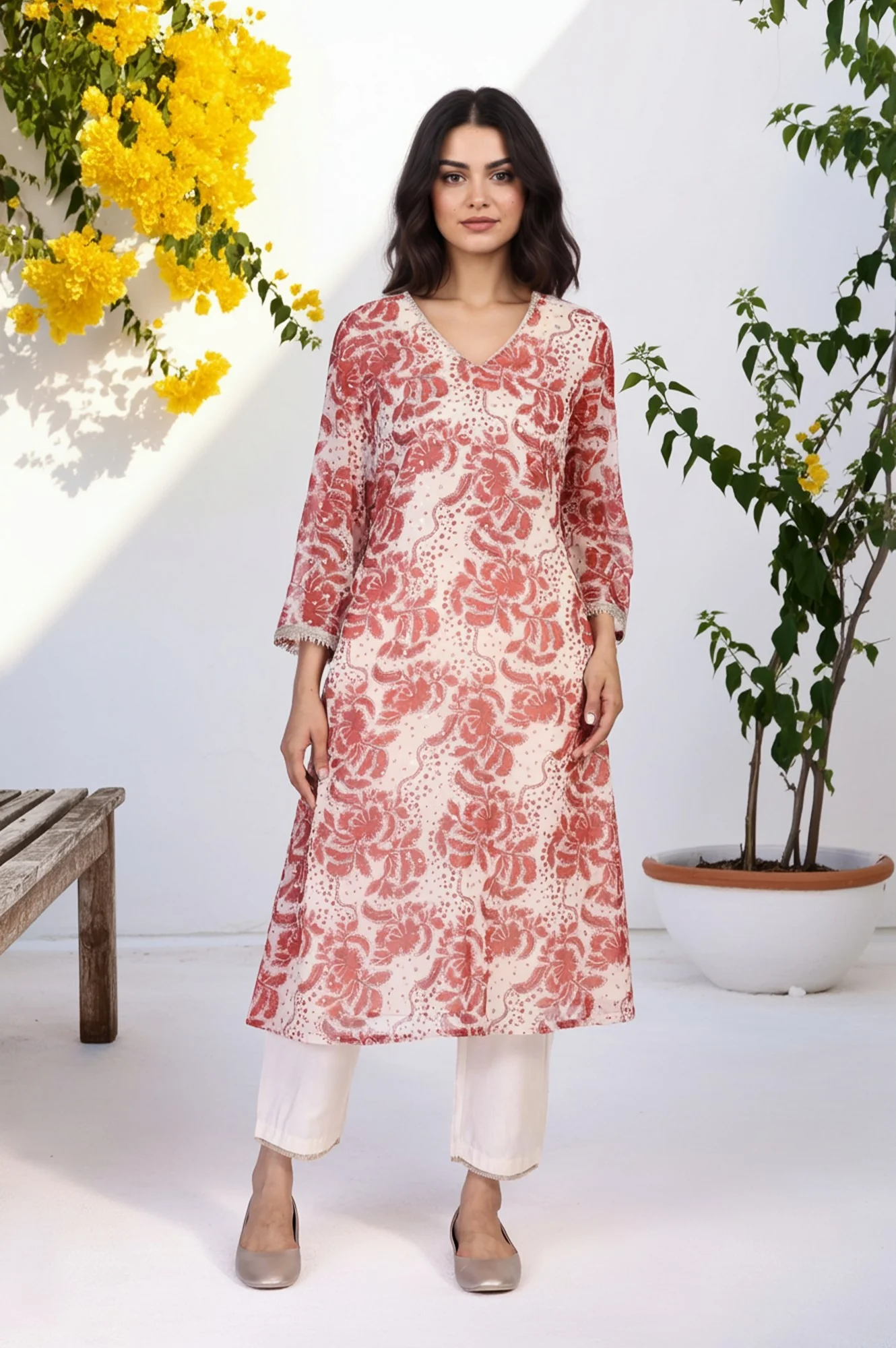 Red Floral Print Lace A-Line Chiffon Kurta - Image 2