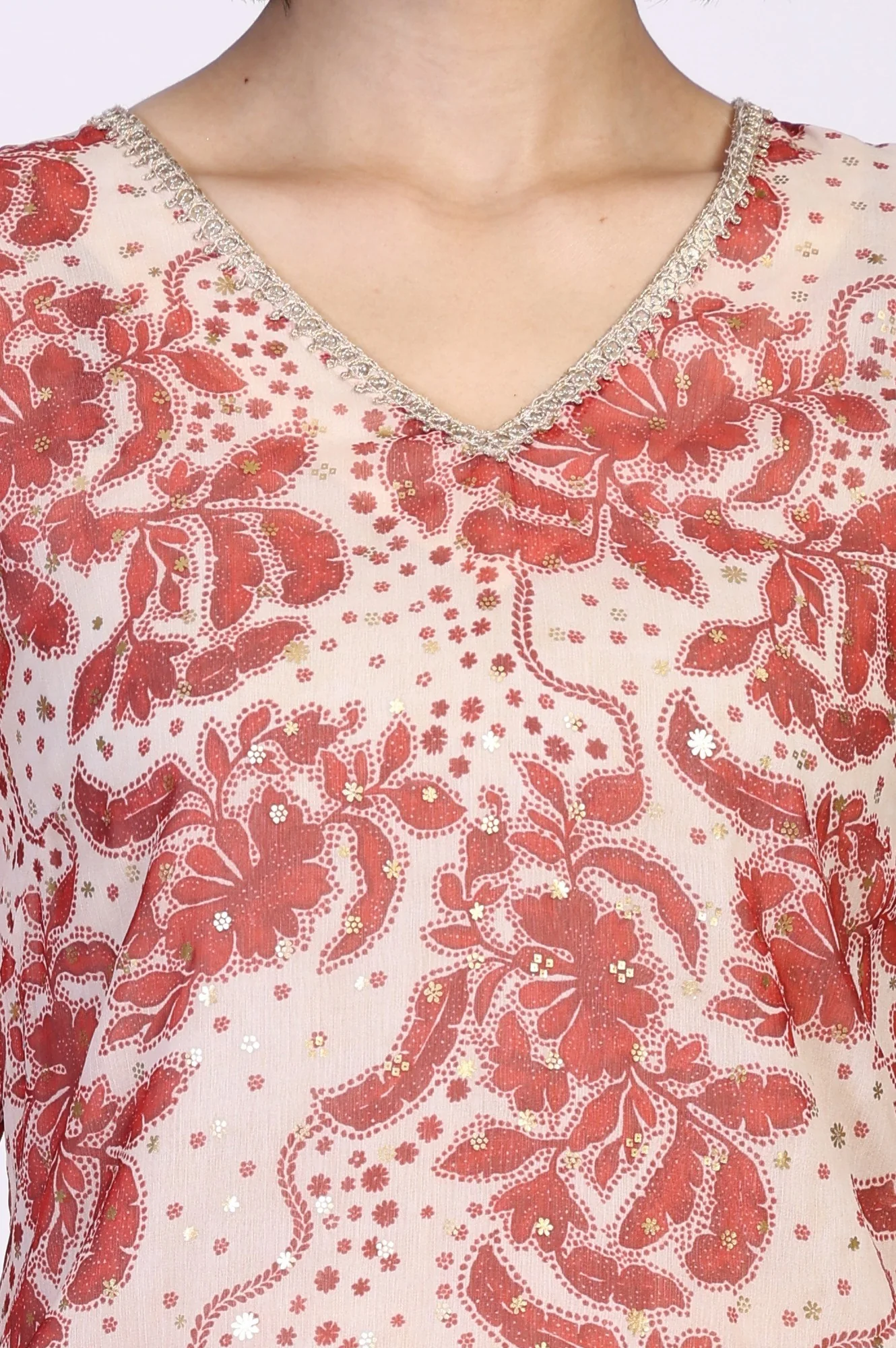 Red Floral Print Lace A-Line Chiffon Kurta - Image 3