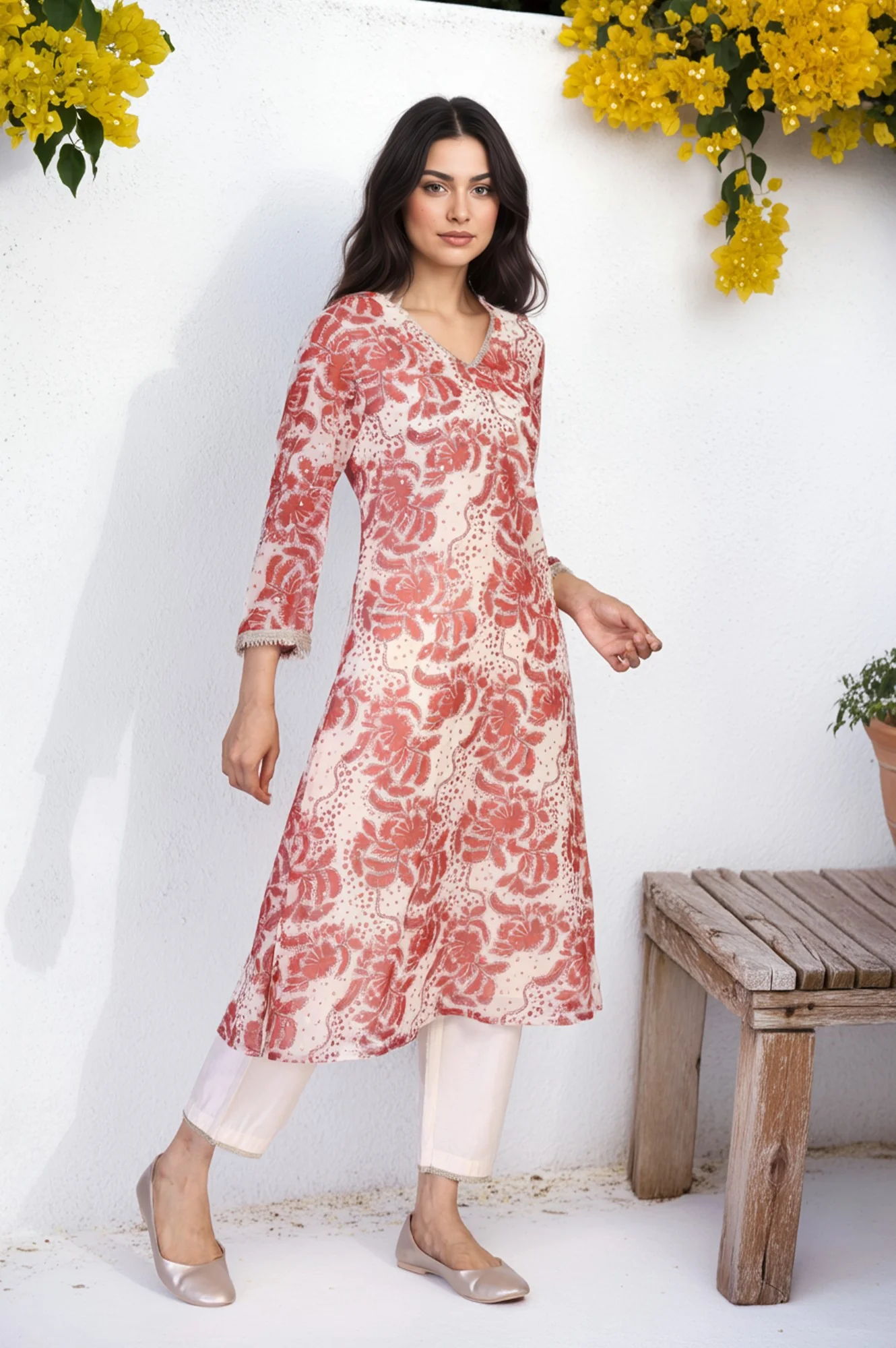 Red Floral Print Lace A-Line Chiffon Kurta - Image 4