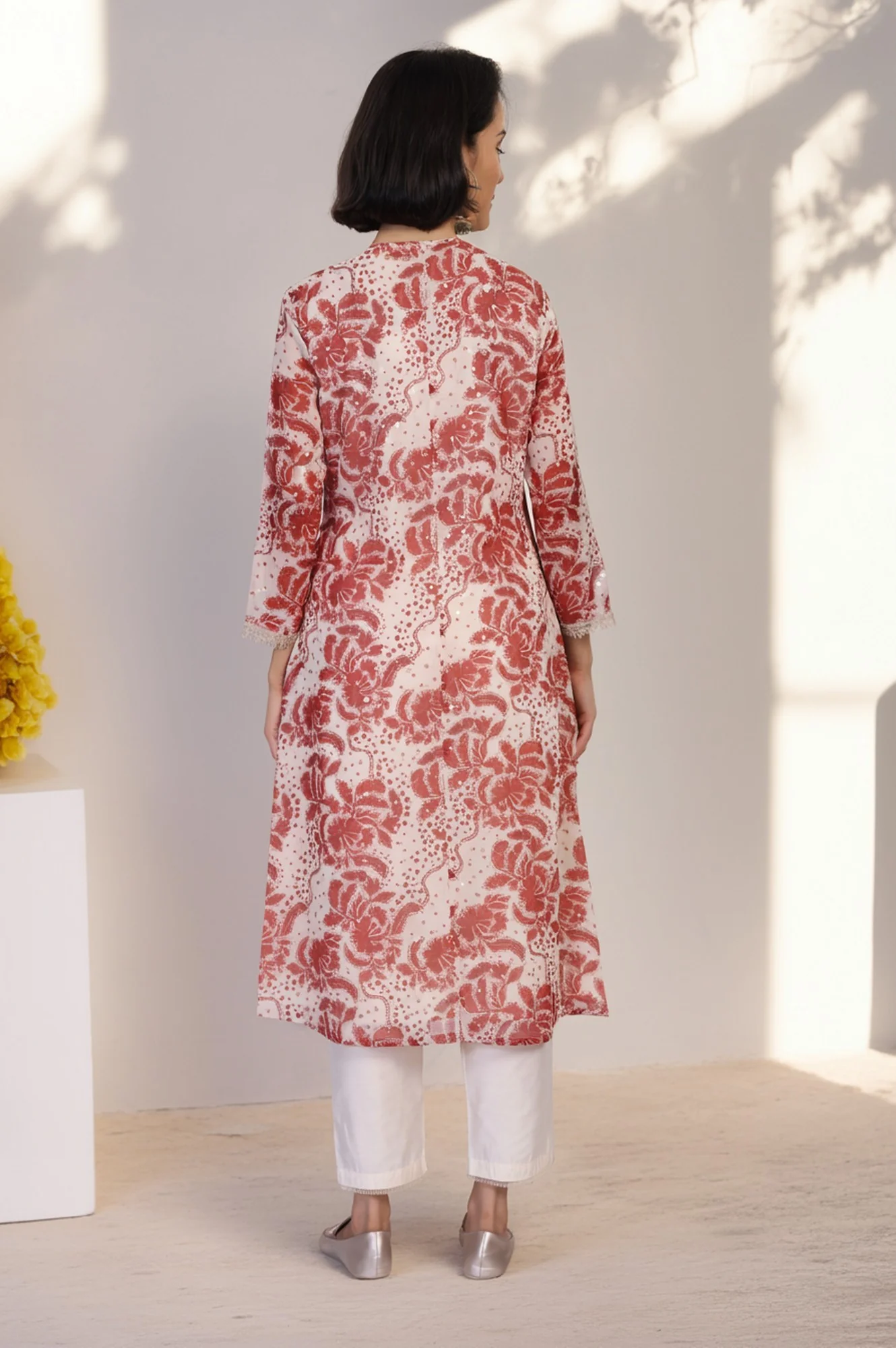 Red Floral Print Lace A-Line Chiffon Kurta - Image 5
