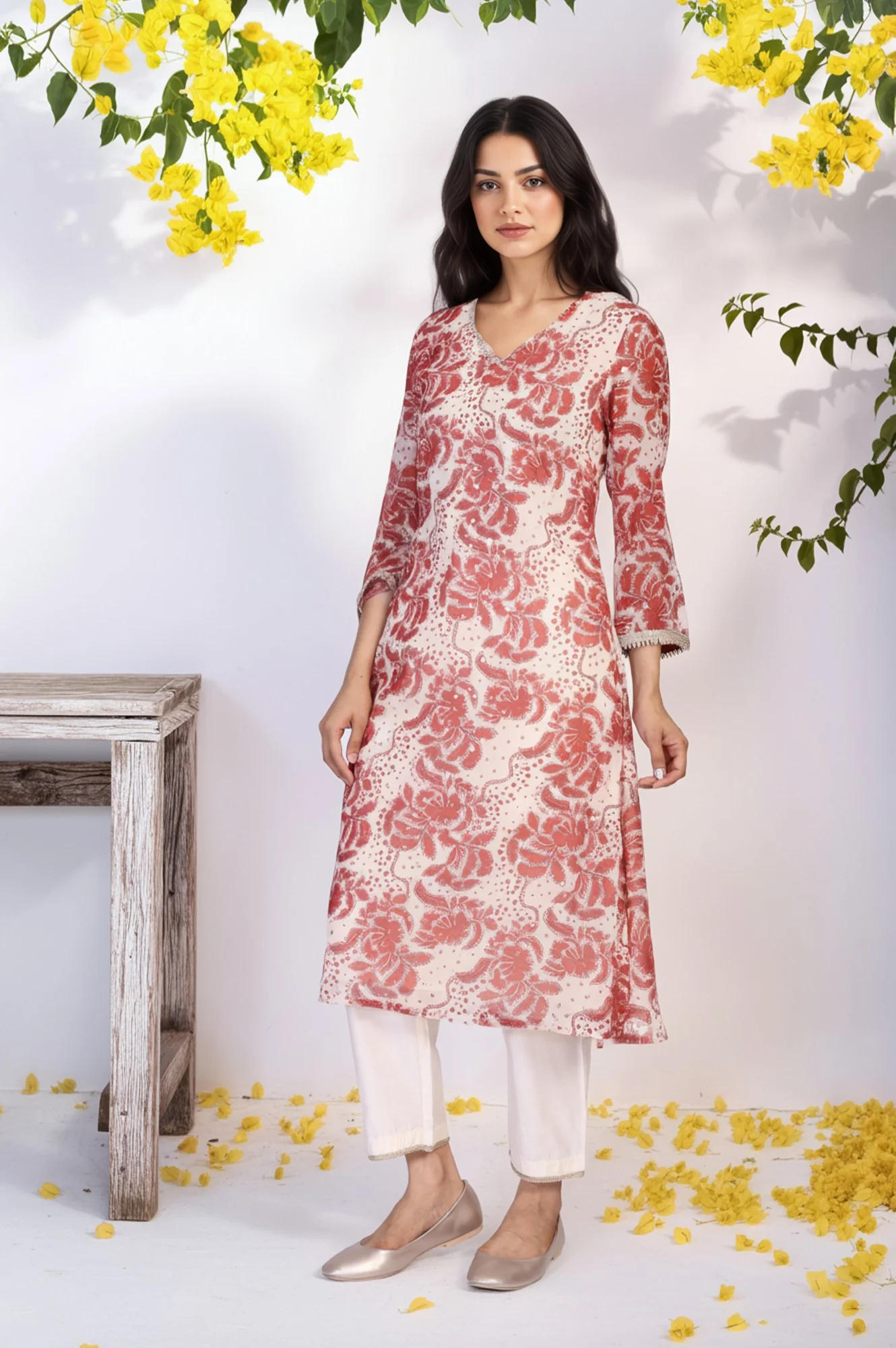 Red Floral Print Lace A-Line Chiffon Kurta - Image 6