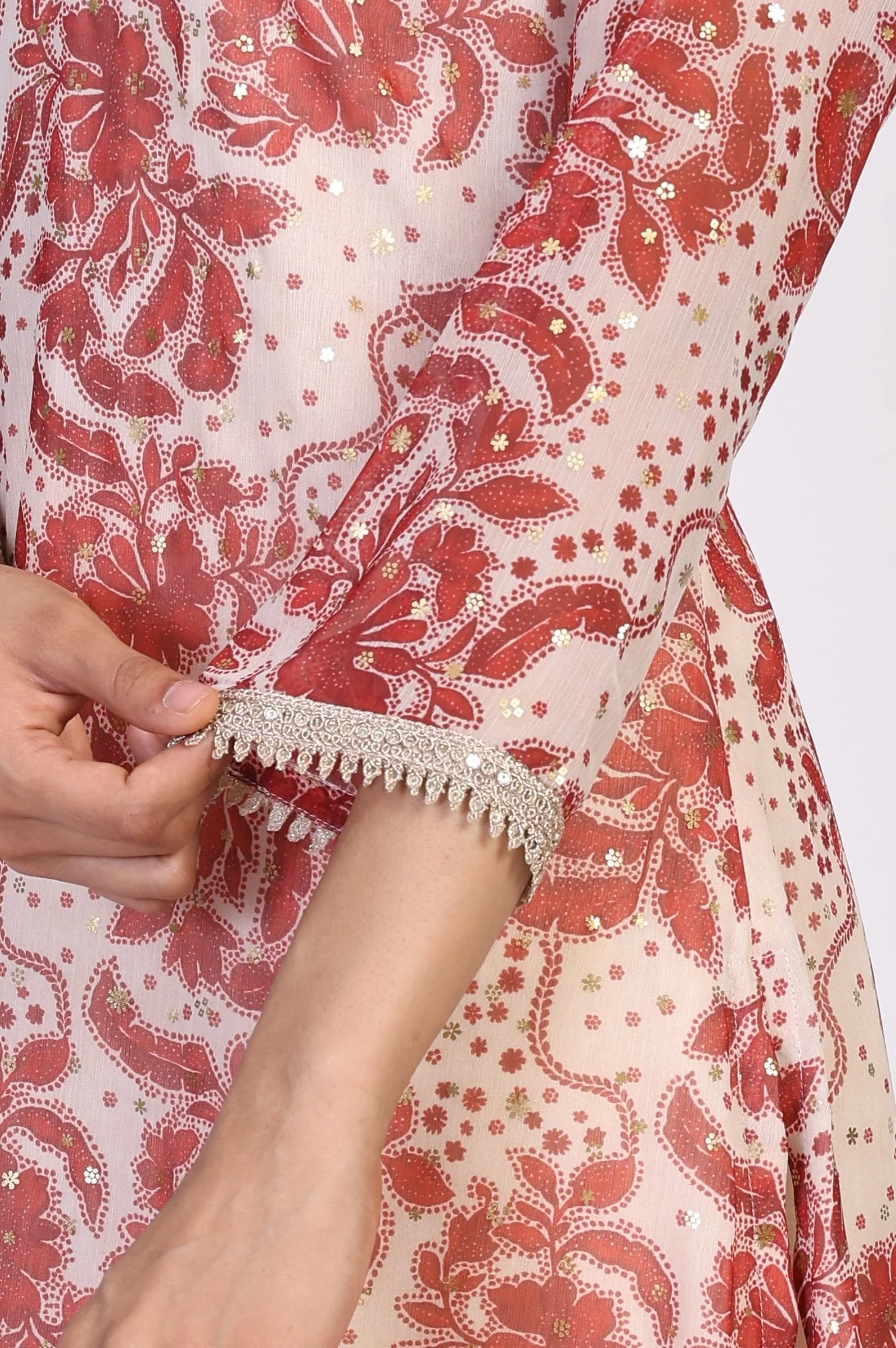 Red Floral Print Lace A-Line Chiffon Kurta - Image 7