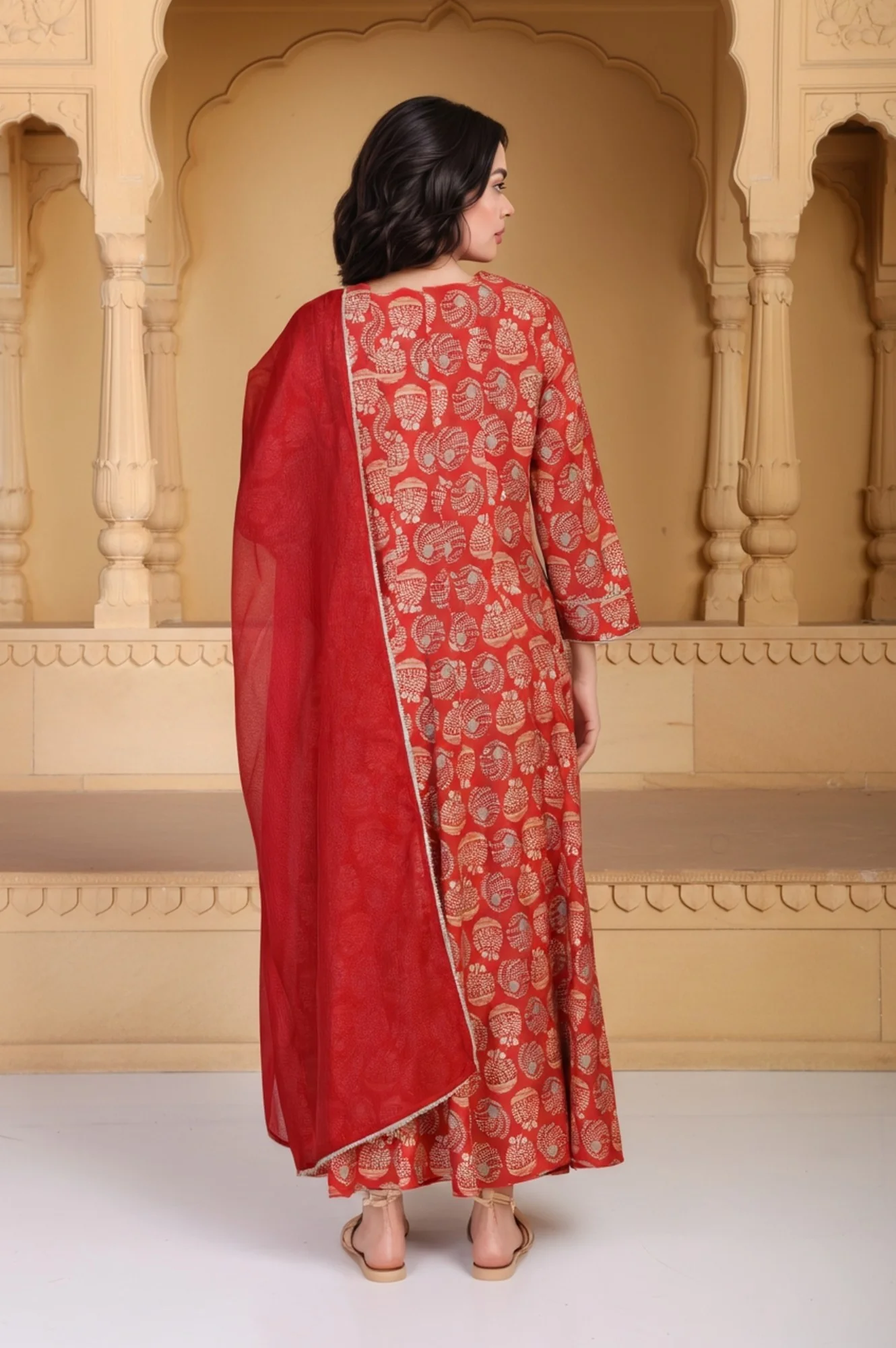 Red Floral Print Lace Detailing Flared Rayon Kurta with Pant and Dupatta Set - Image 5