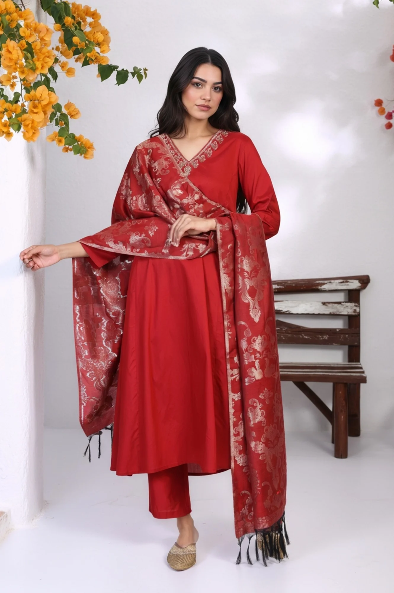 Red Floral Print Metallic Embroidered Flared Woven Kurta with Straight Pant and Dupatta Set