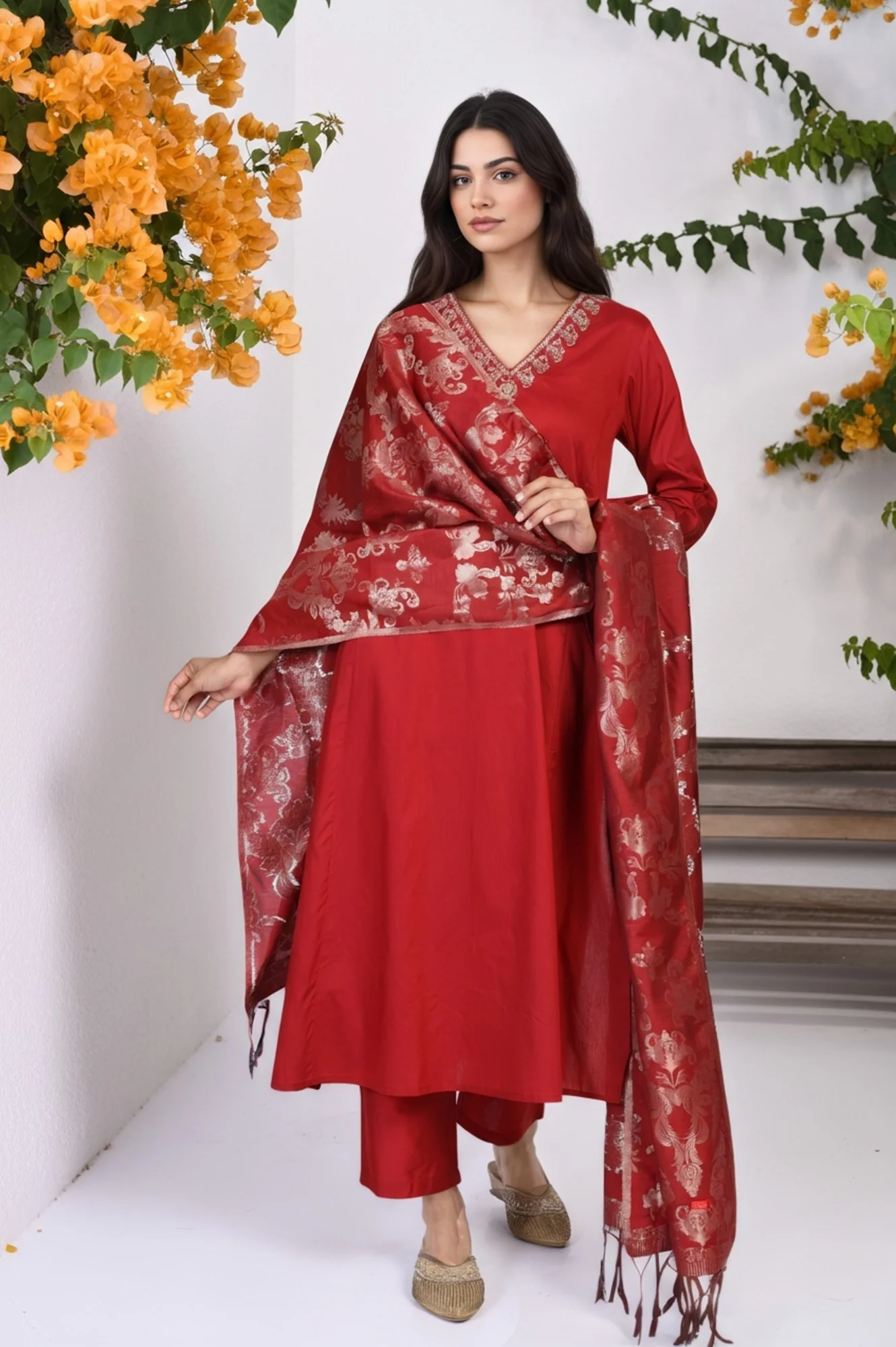 Red Floral Print Metallic Embroidered Flared Woven Kurta with Straight Pant and Dupatta Set - Image 2