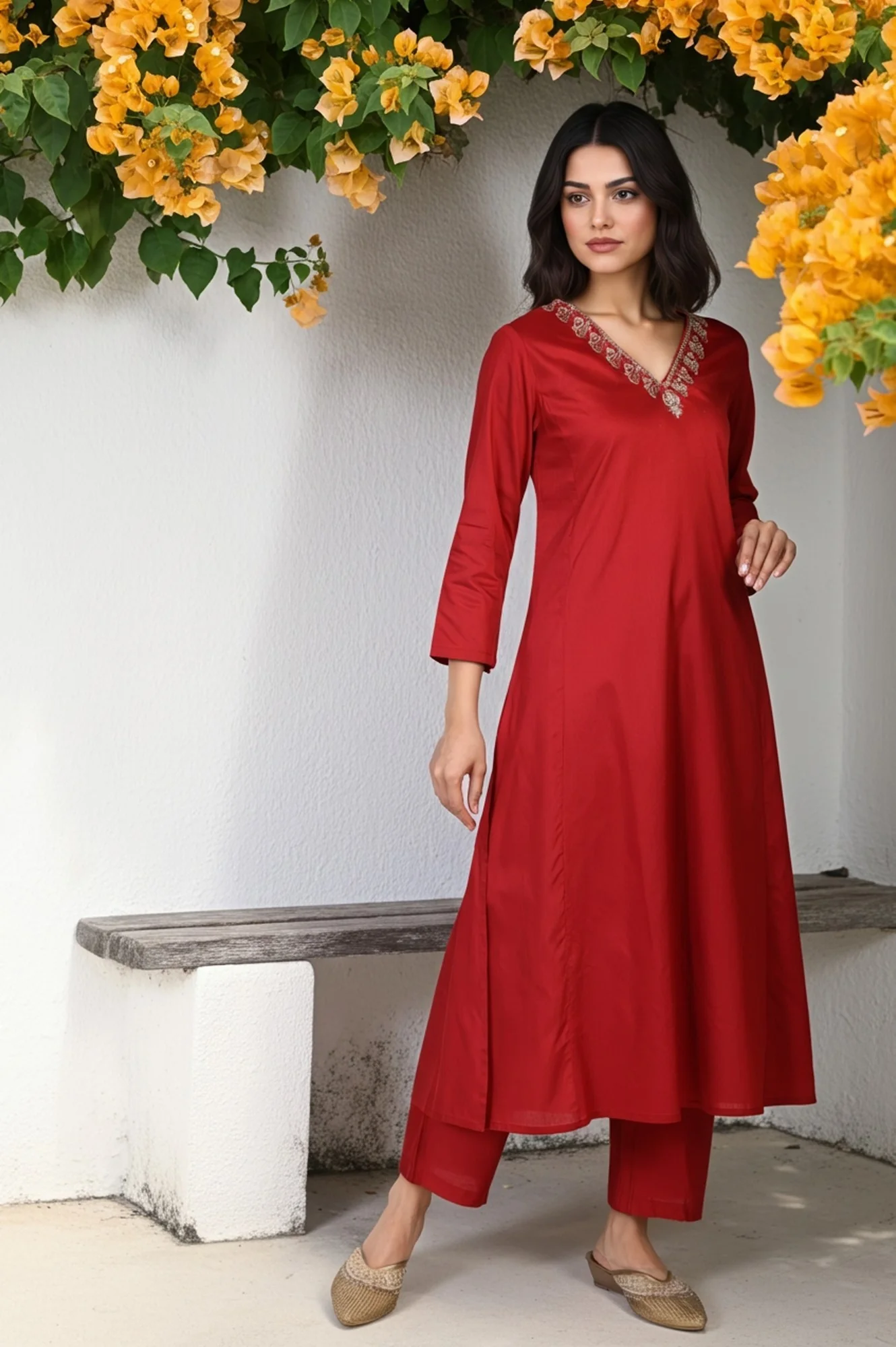Red Floral Print Metallic Embroidered Flared Woven Kurta with Straight Pant and Dupatta Set - Image 4