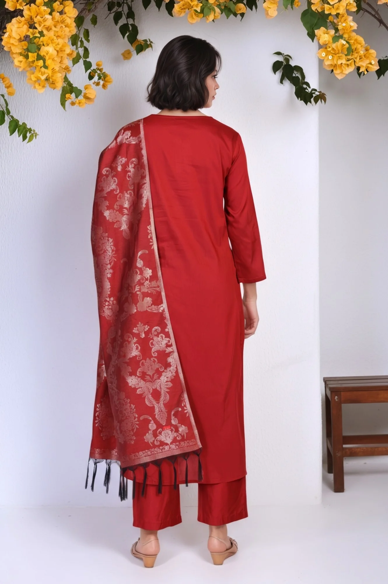 Red Floral Print Metallic Embroidered Flared Woven Kurta with Straight Pant and Dupatta Set - Image 5