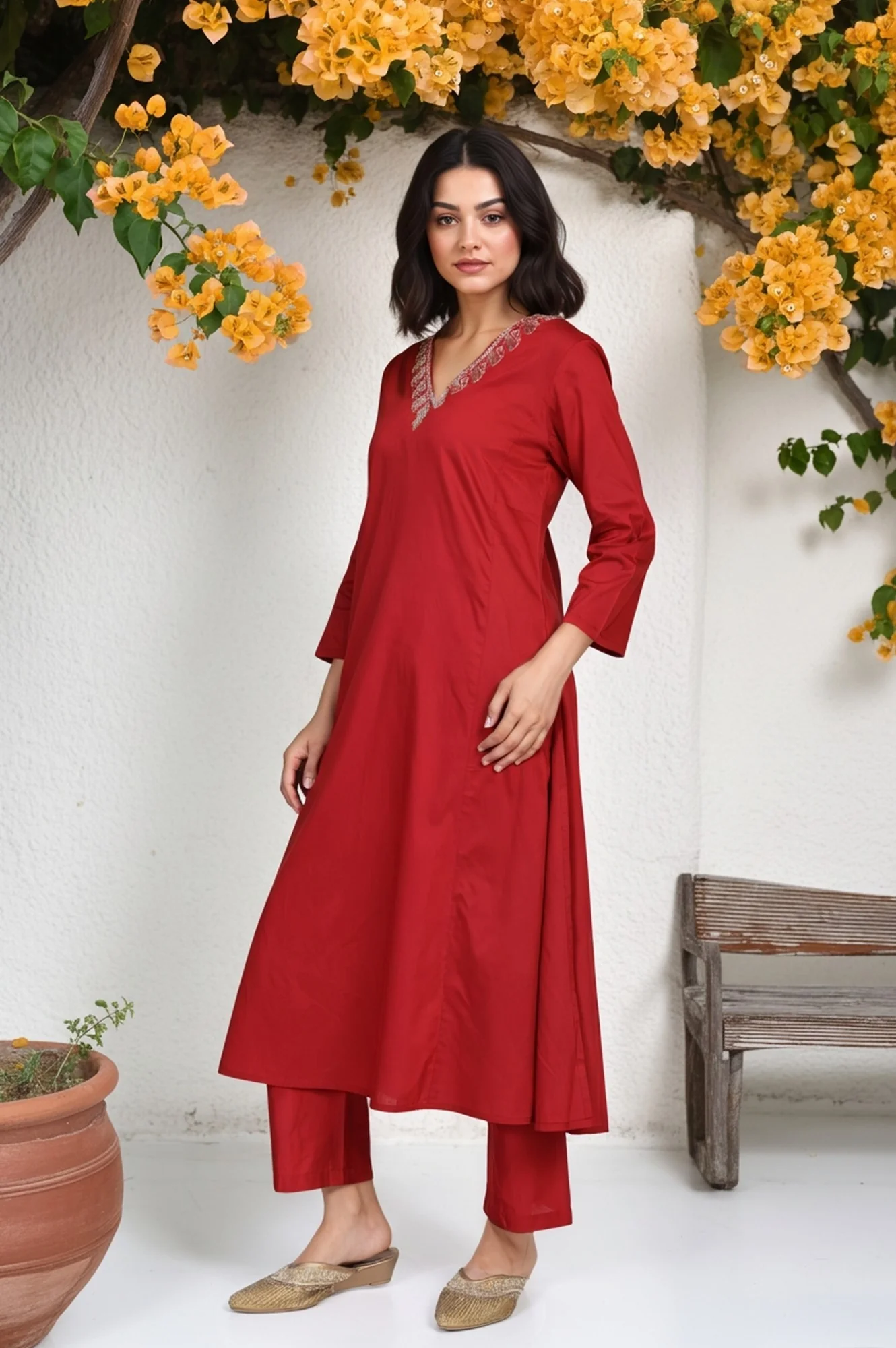 Red Floral Print Metallic Embroidered Flared Woven Kurta with Straight Pant and Dupatta Set - Image 6