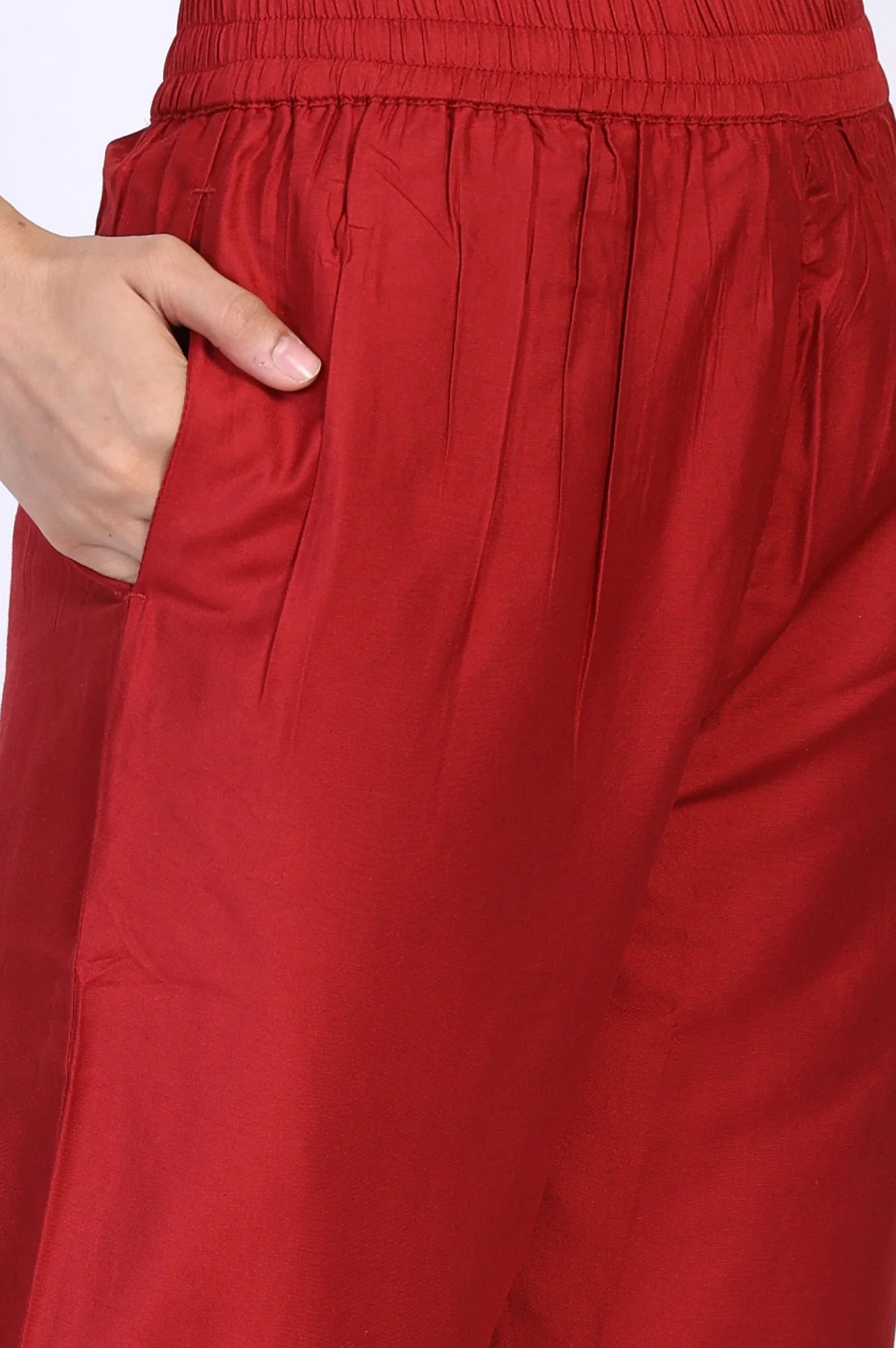 Red Floral Print Metallic Embroidered Flared Woven Kurta with Straight Pant and Dupatta Set - Image 8