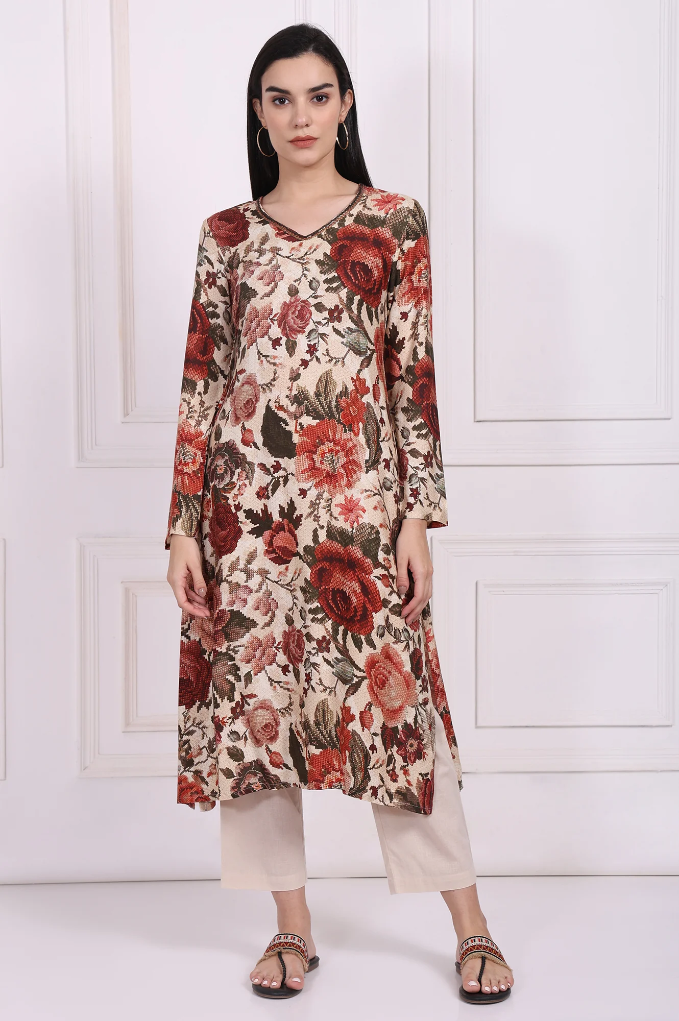 Red Floral Printed A-Line Kurta - Image 2