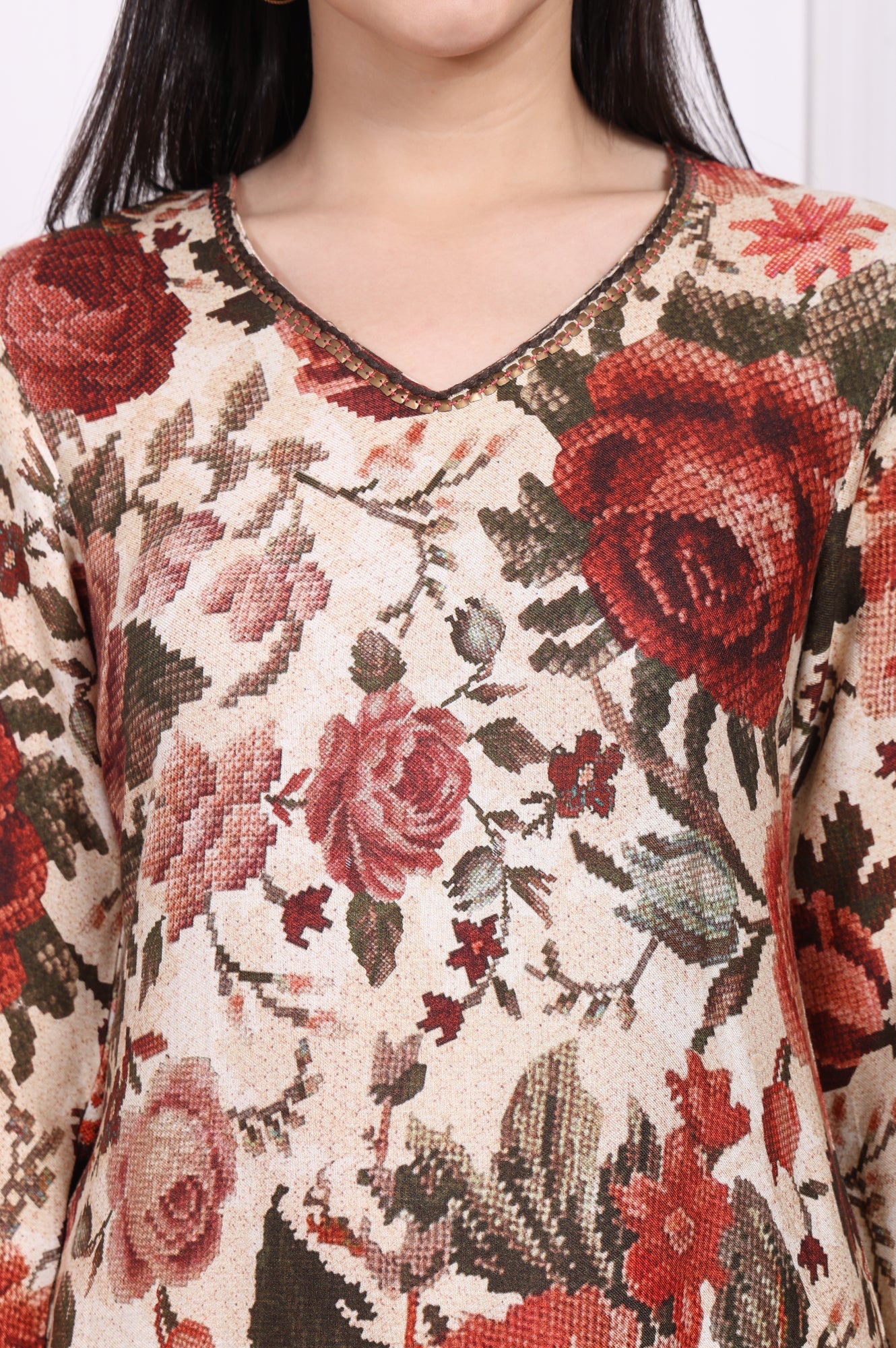 Red Floral Printed A-Line Kurta - Image 3