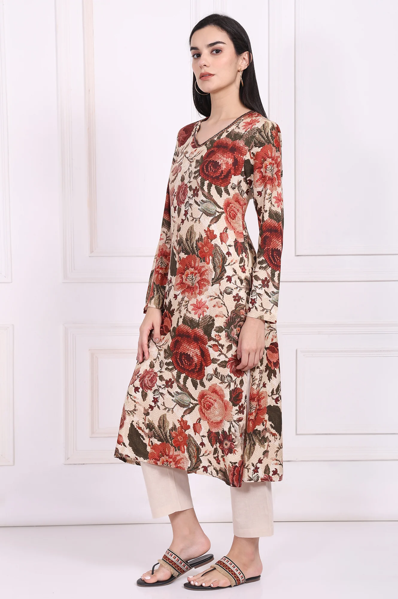 Red Floral Printed A-Line Kurta - Image 4