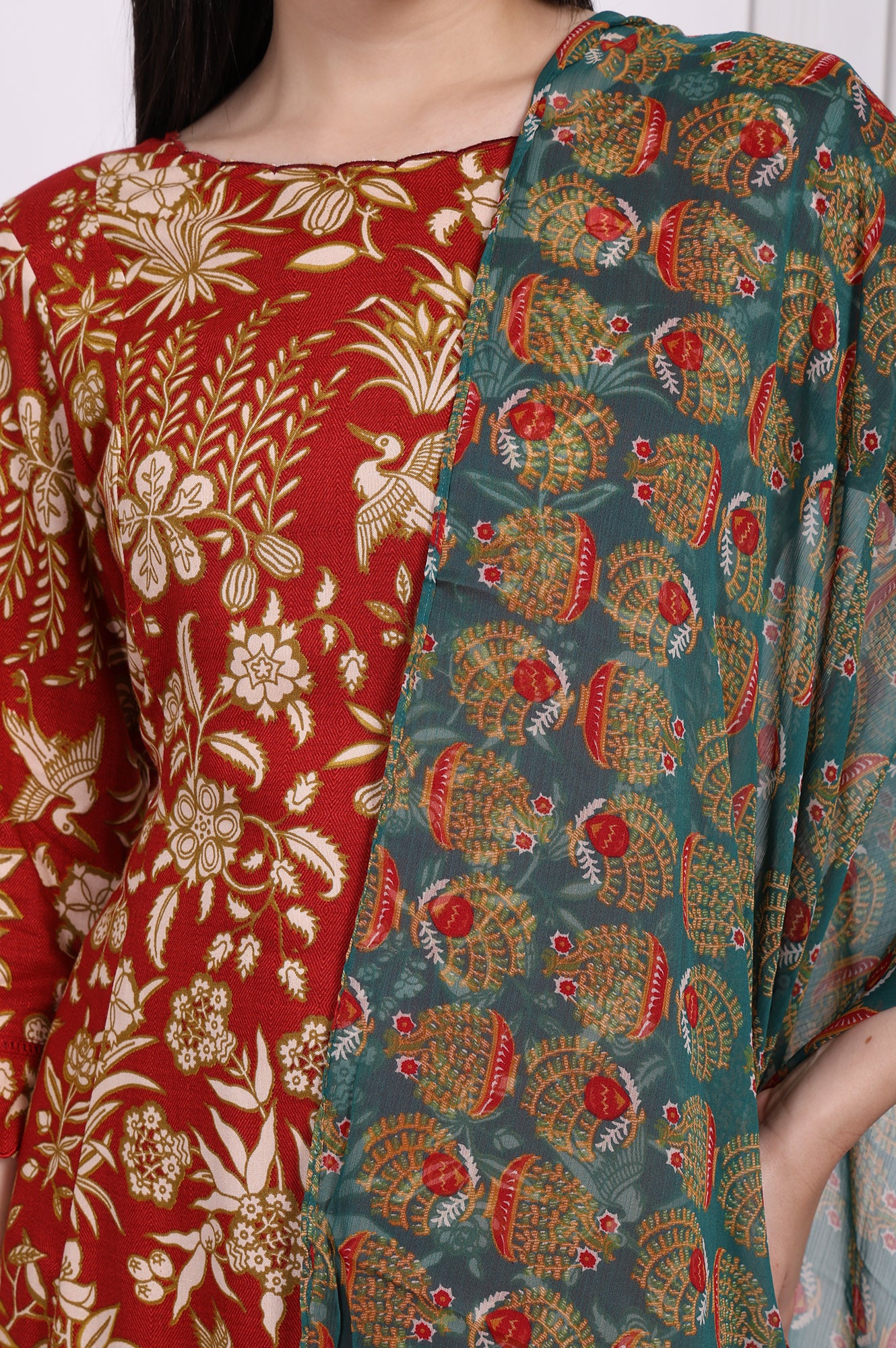 Red Floral Printed A-Line Kurta with Straight Pant and Dupatta Set - Image 3