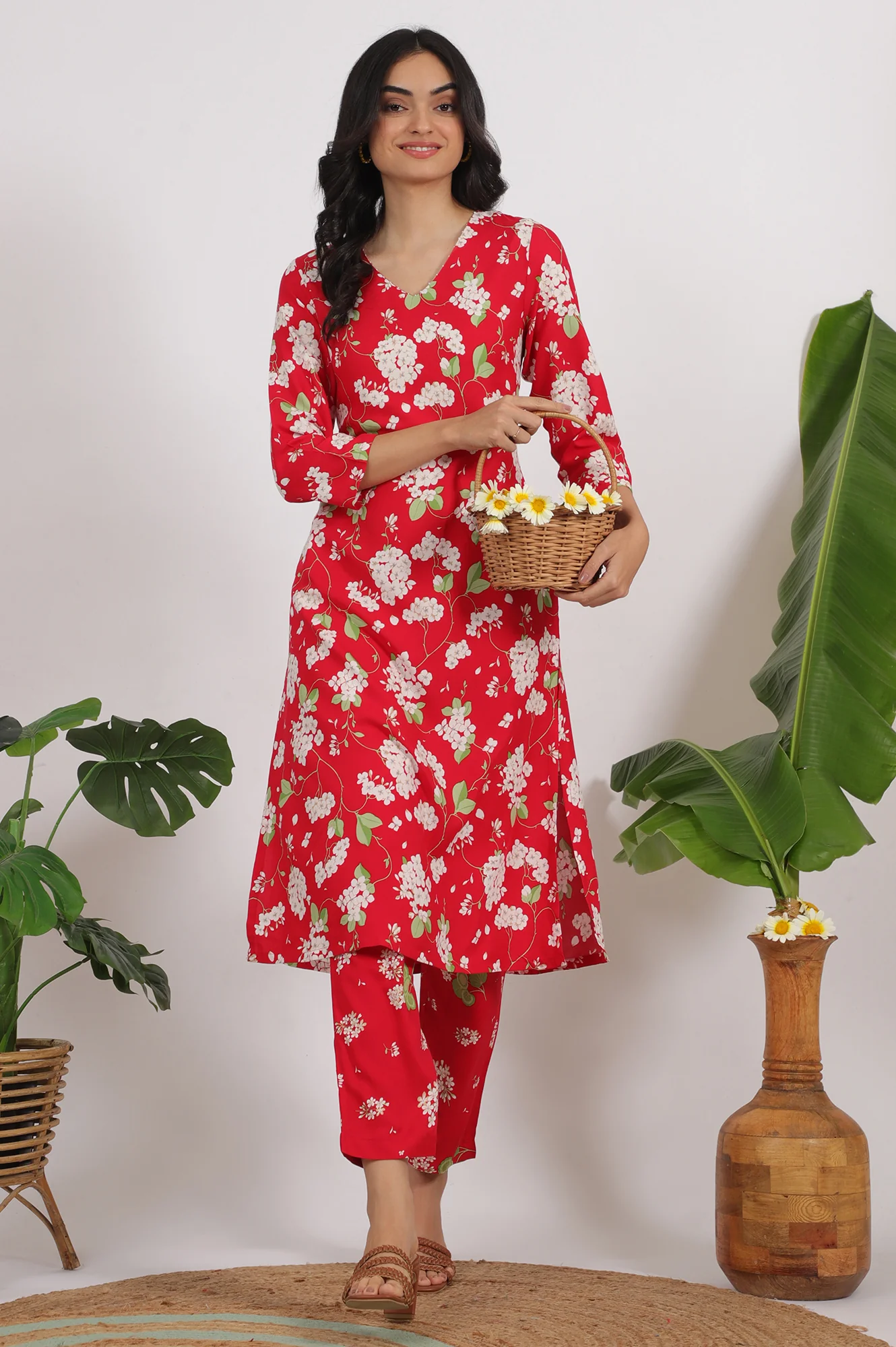 Red Floral Printed Beaded Rayon Straight Kurta and Pants Co-ord Set - Image 2