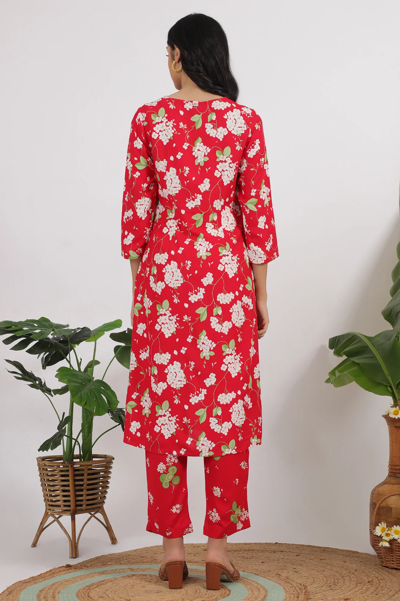 Red Floral Printed Beaded Rayon Straight Kurta and Pants Co-ord Set - Image 6