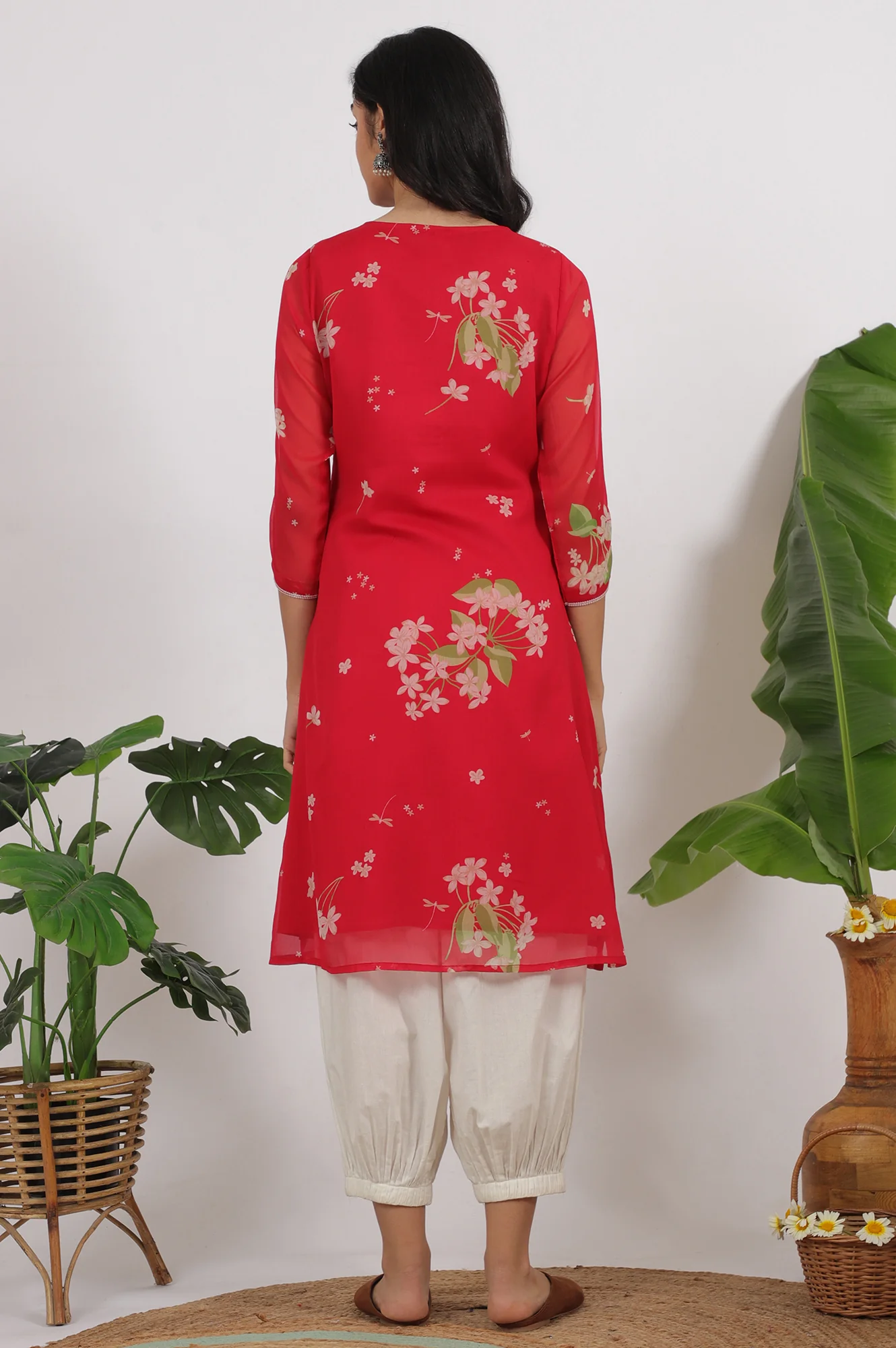 Red Floral Printed Chiffon A-line Kurta - Image 5