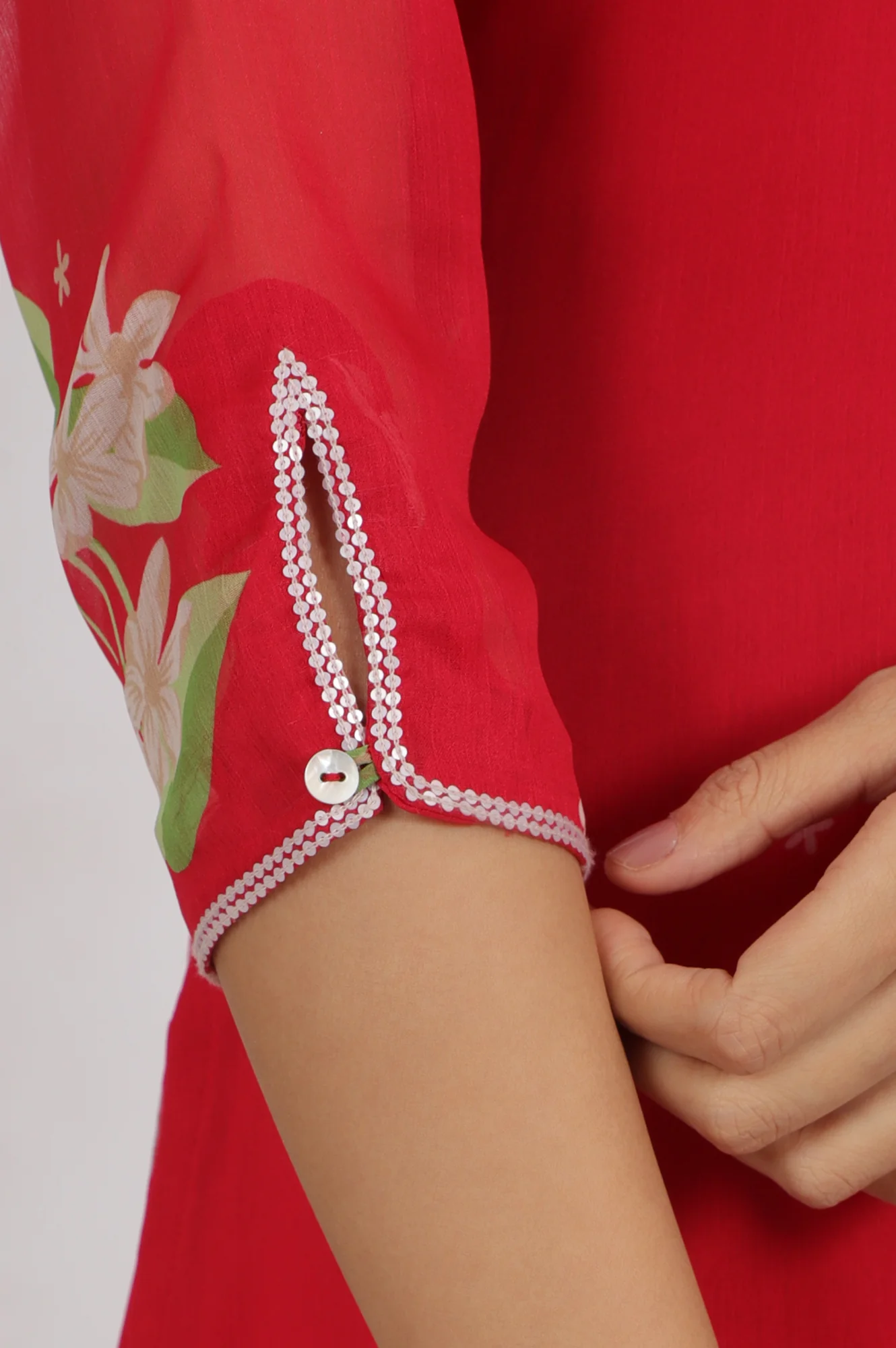 Red Floral Printed Chiffon A-line Kurta - Image 7
