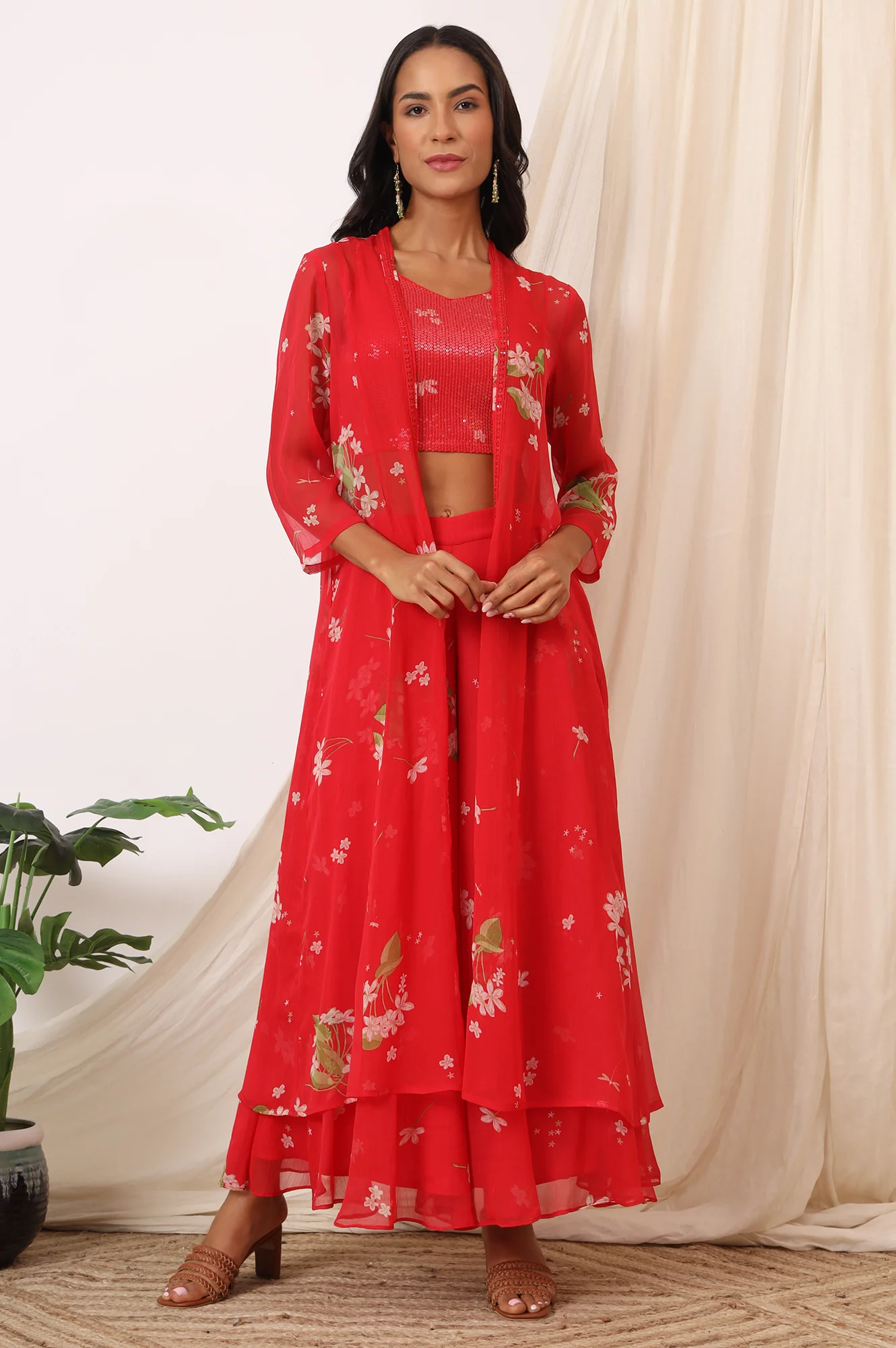 Red Floral Printed Chiffon Jacket, Crop Top and Culottes Set - Image 2
