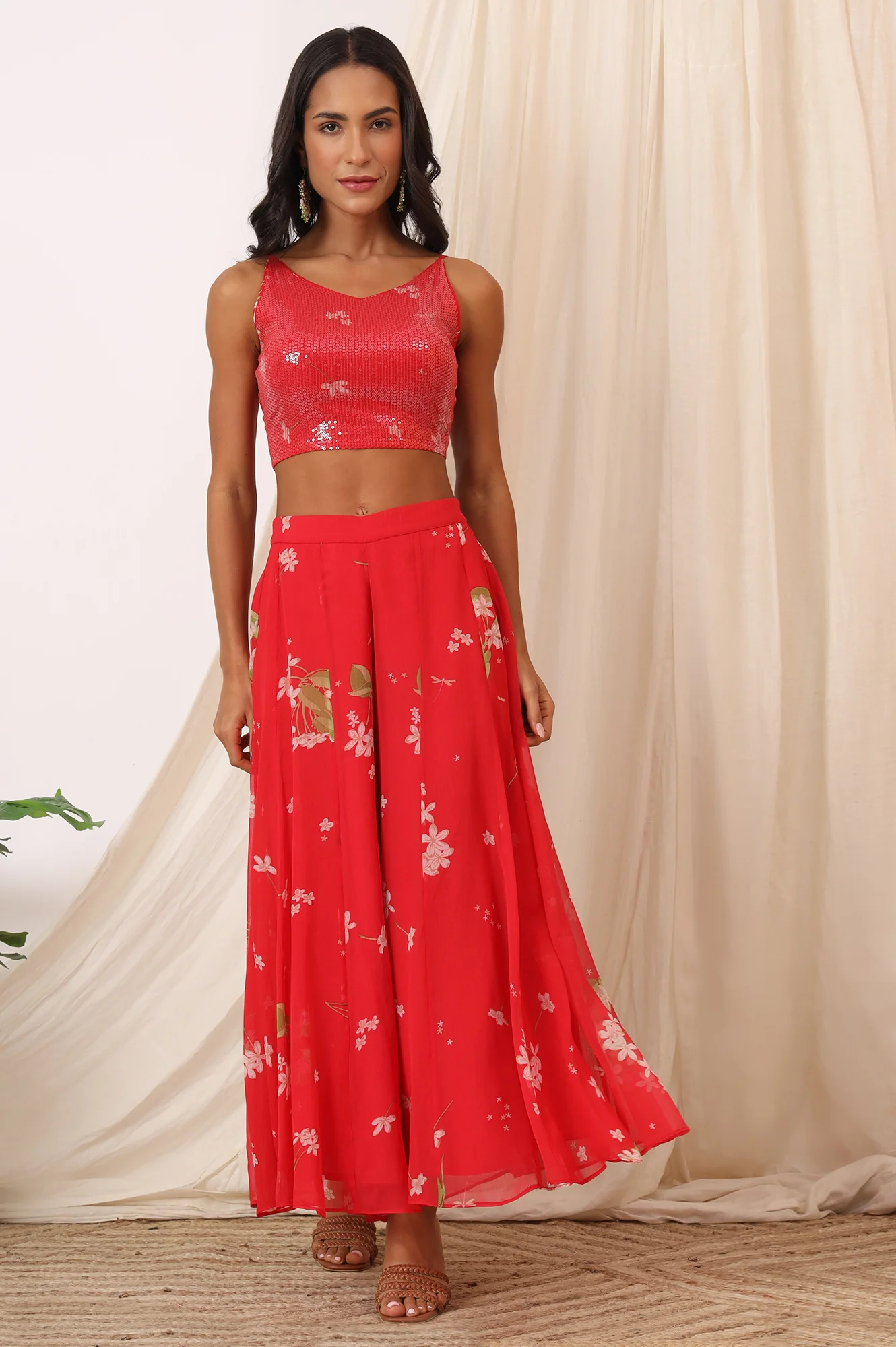 Red Floral Printed Chiffon Jacket, Crop Top and Culottes Set - Image 8