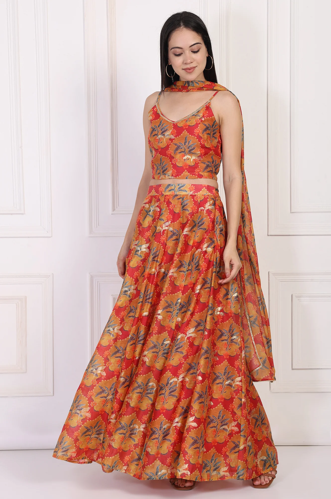 Red Floral Printed Crepe Crop Top with Skirt and Dupatta Set - Image 2