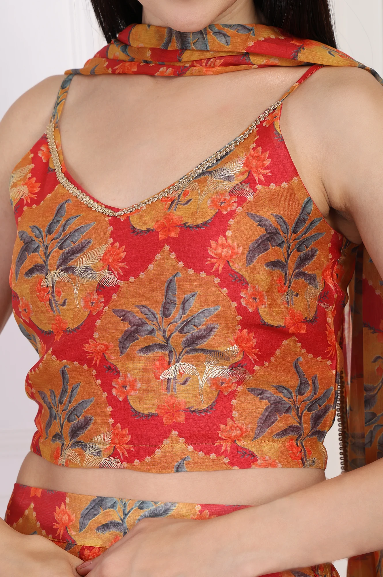 Red Floral Printed Crepe Crop Top with Skirt and Dupatta Set - Image 3