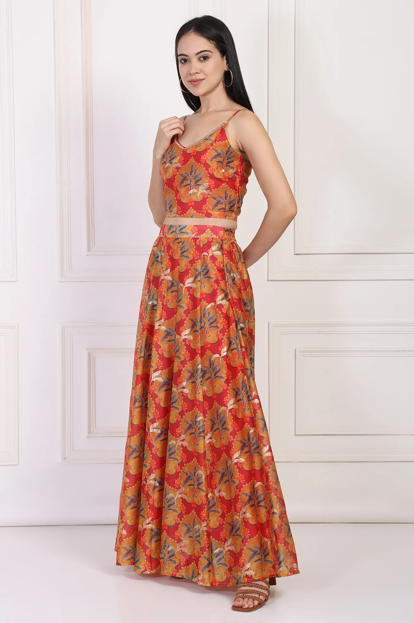 Red Floral Printed Crepe Crop Top with Skirt and Dupatta Set - Image 4