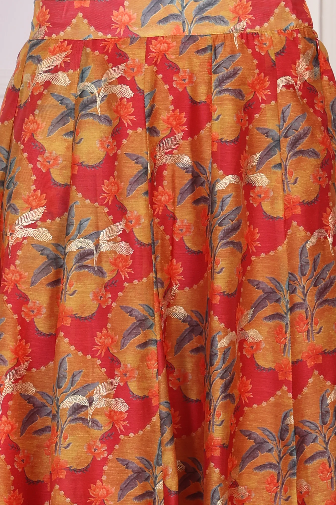 Red Floral Printed Crepe Crop Top with Skirt and Dupatta Set - Image 7