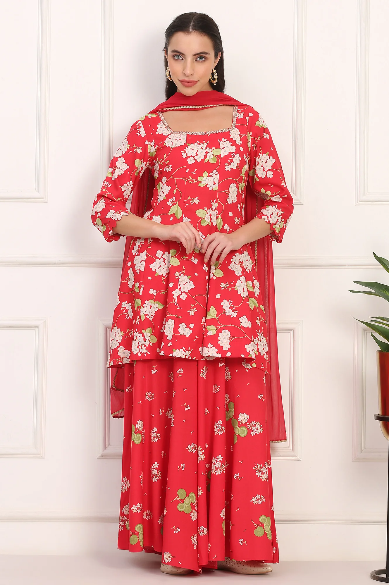 Red Floral Printed Embellished Modal Flared Short Kurta, Flared Pant and Dupatta Set - Image 2