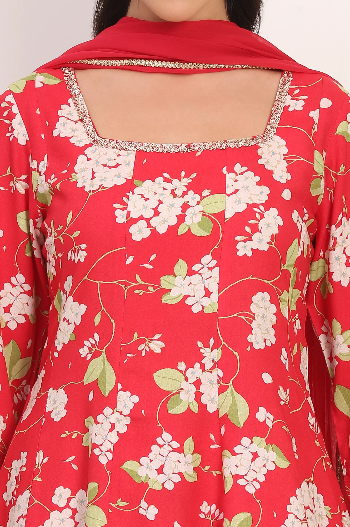 Red Floral Printed Embellished Modal Flared Short Kurta, Flared Pant and Dupatta Set - Image 3