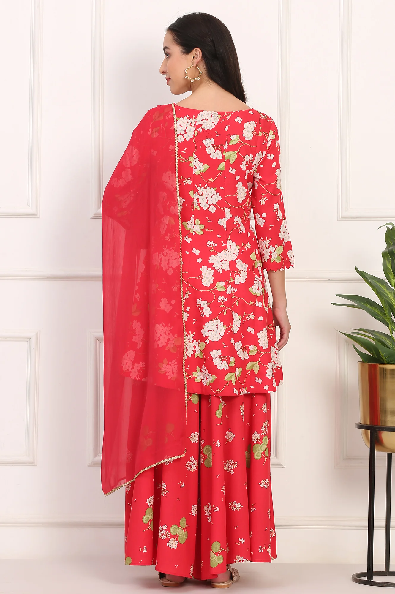 Red Floral Printed Embellished Modal Flared Short Kurta, Flared Pant and Dupatta Set - Image 5