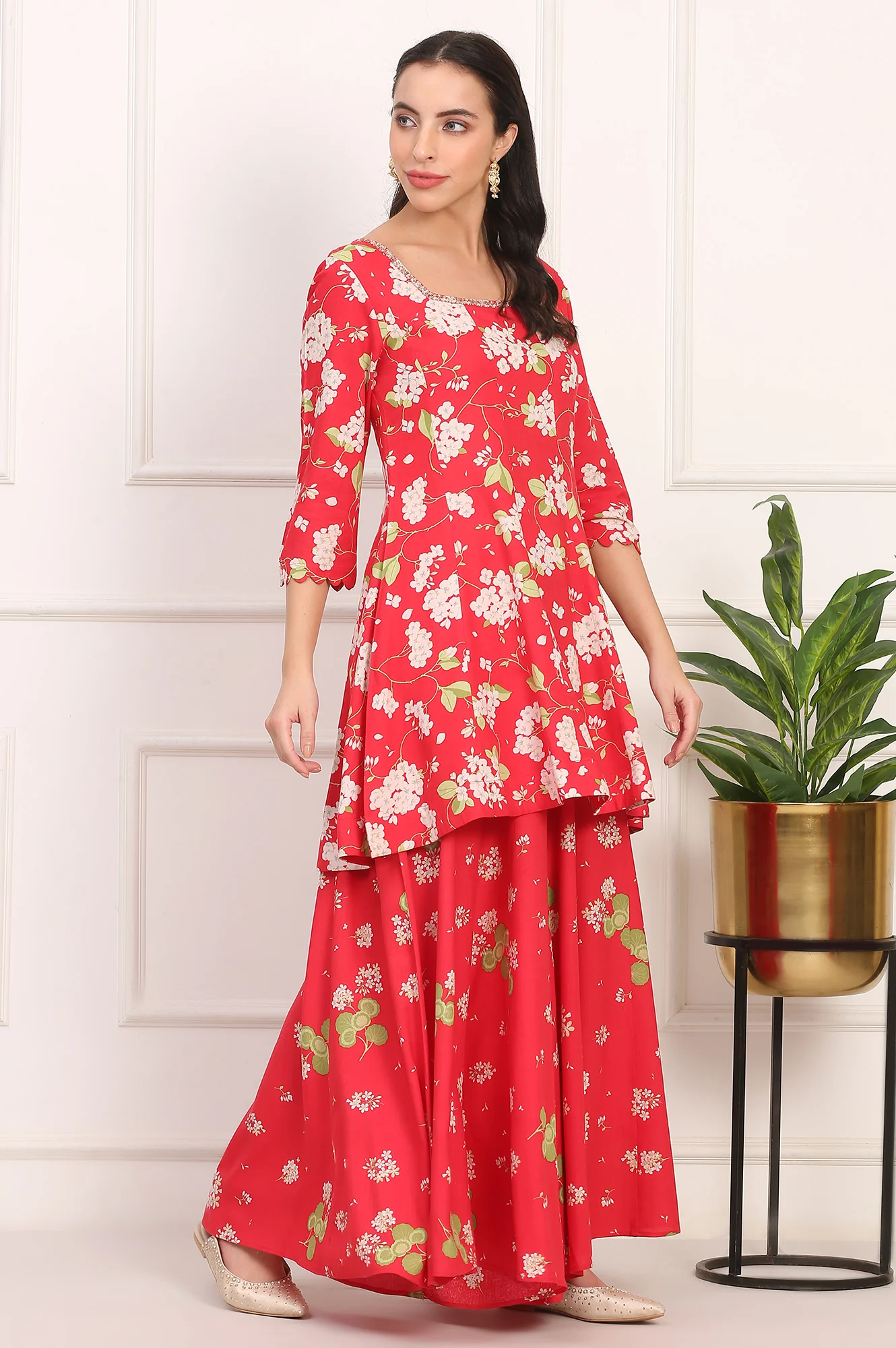 Red Floral Printed Embellished Modal Flared Short Kurta, Flared Pant and Dupatta Set - Image 6