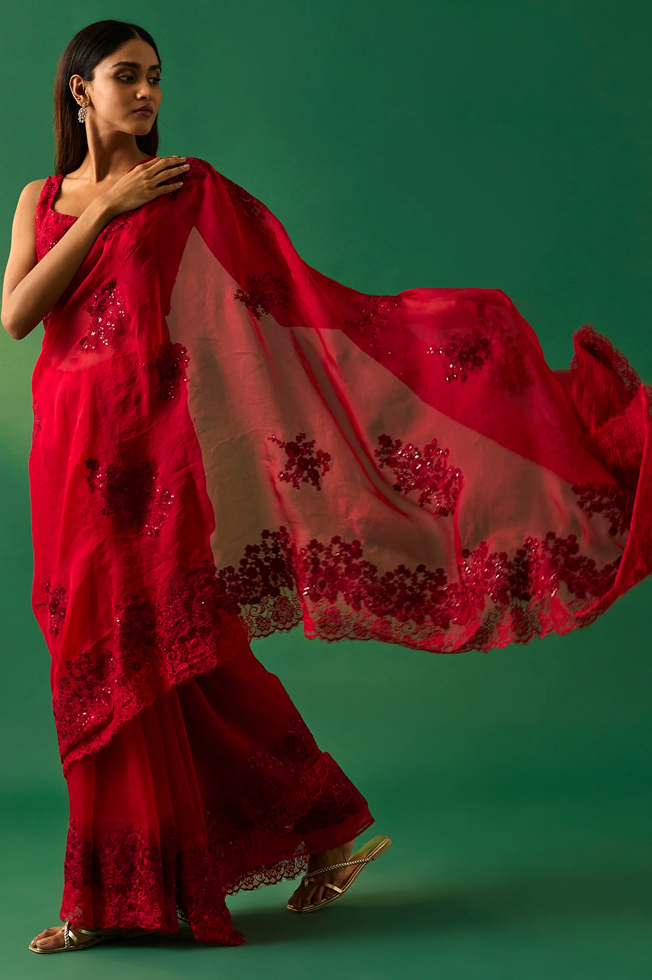 Red Floral Printed Embroidered Sequined Silk Saree with Unstitched Blouse - Image 2