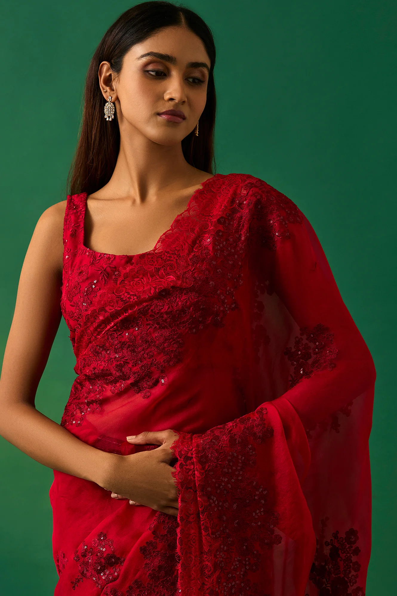 Red Floral Printed Embroidered Sequined Silk Saree with Unstitched Blouse - Image 3