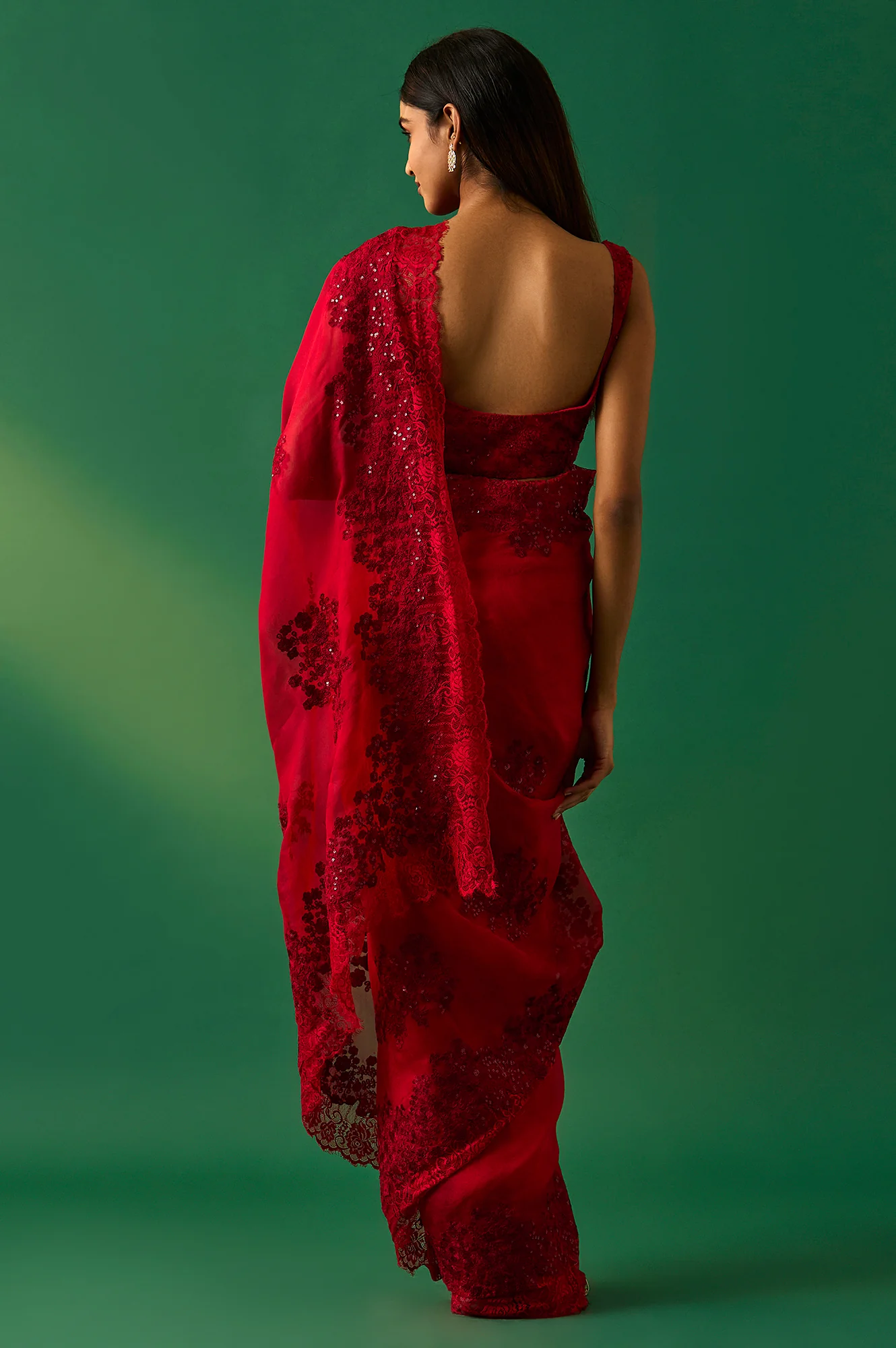 Red Floral Printed Embroidered Sequined Silk Saree with Unstitched Blouse - Image 4