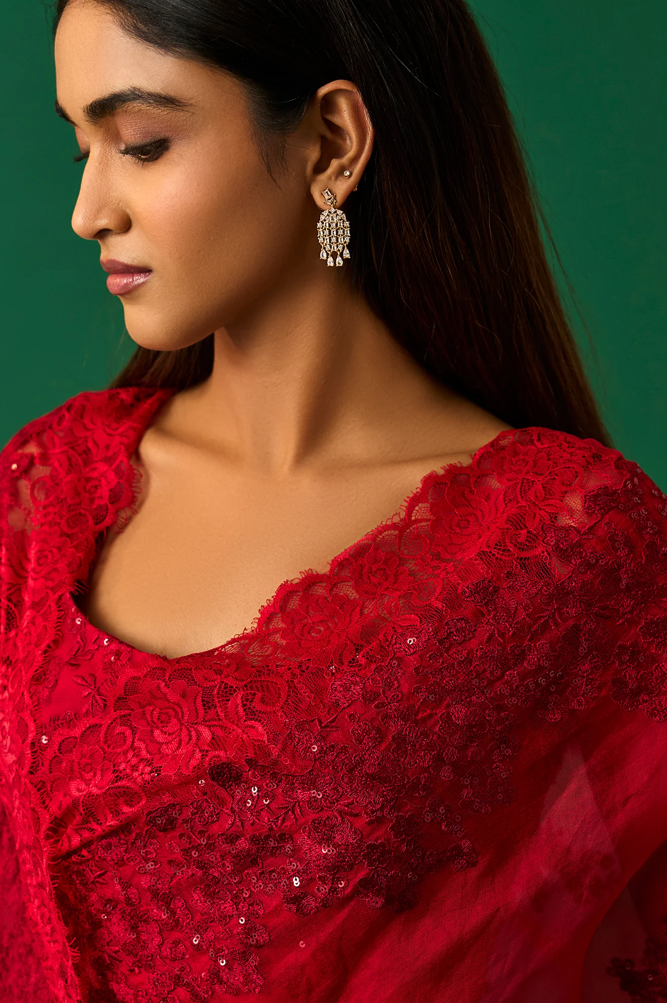 Red Floral Printed Embroidered Sequined Silk Saree with Unstitched Blouse - Image 5