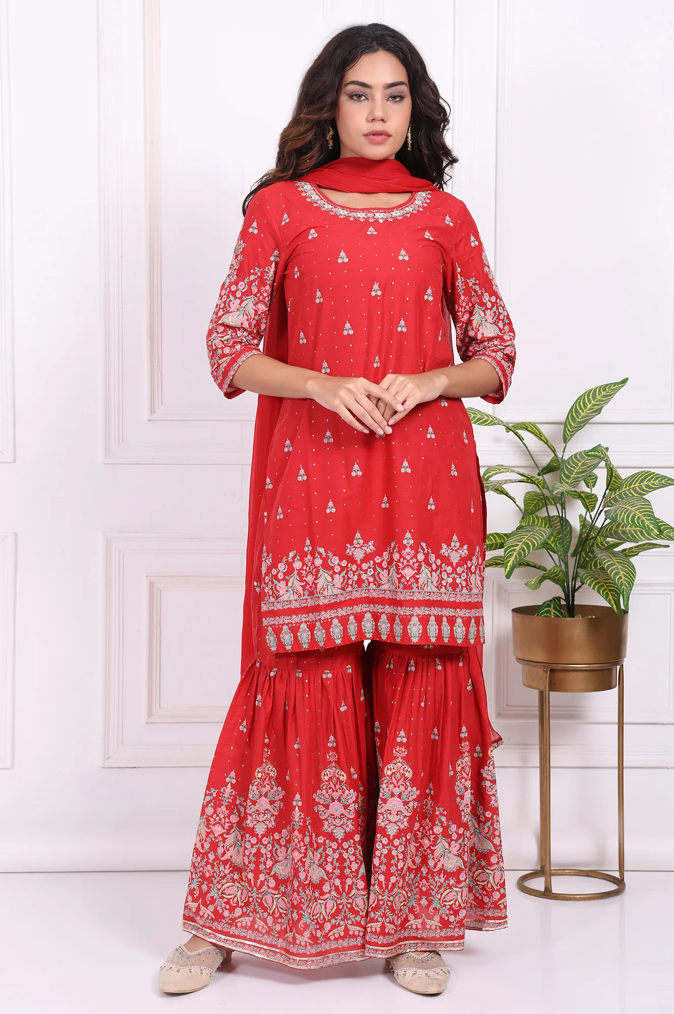 Red Floral Printed Embroidered Straight Cotton Kurta with Sharara and Dupatta Set - Image 2