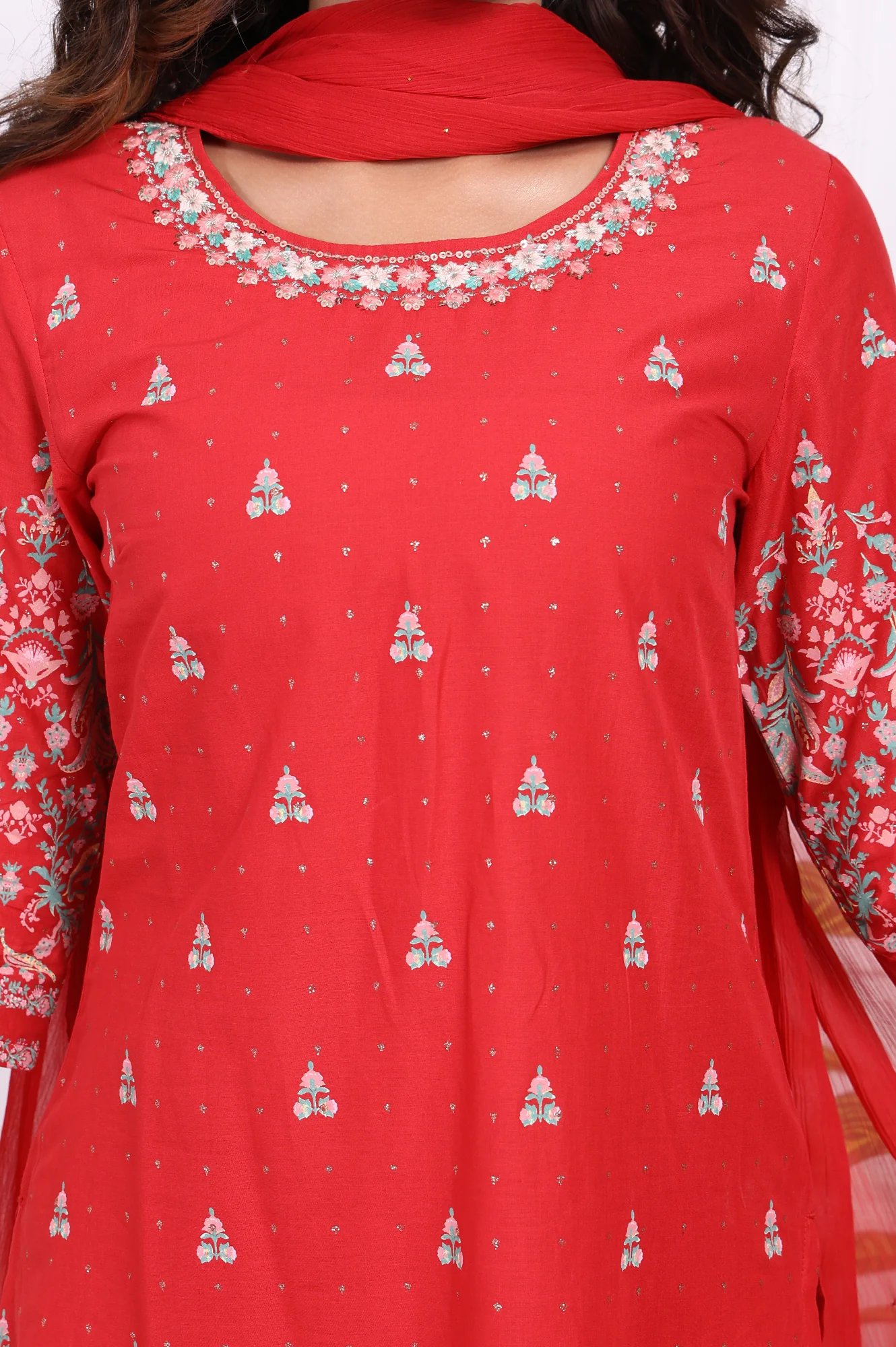 Red Floral Printed Embroidered Straight Cotton Kurta with Sharara and Dupatta Set - Image 3
