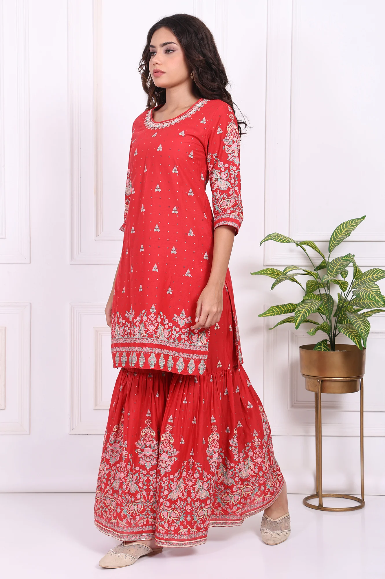 Red Floral Printed Embroidered Straight Cotton Kurta with Sharara and Dupatta Set - Image 4