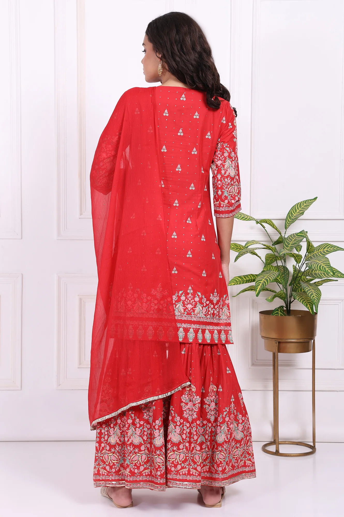 Red Floral Printed Embroidered Straight Cotton Kurta with Sharara and Dupatta Set - Image 5