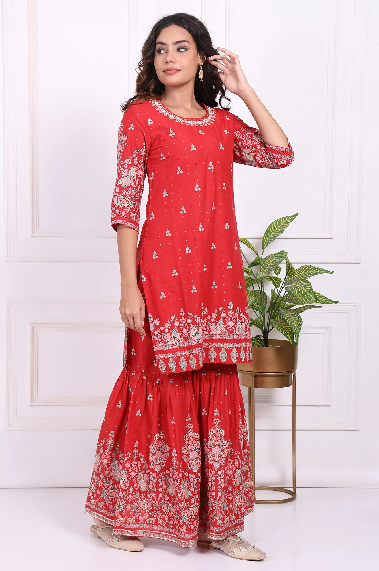 Red Floral Printed Embroidered Straight Cotton Kurta with Sharara and Dupatta Set - Image 6