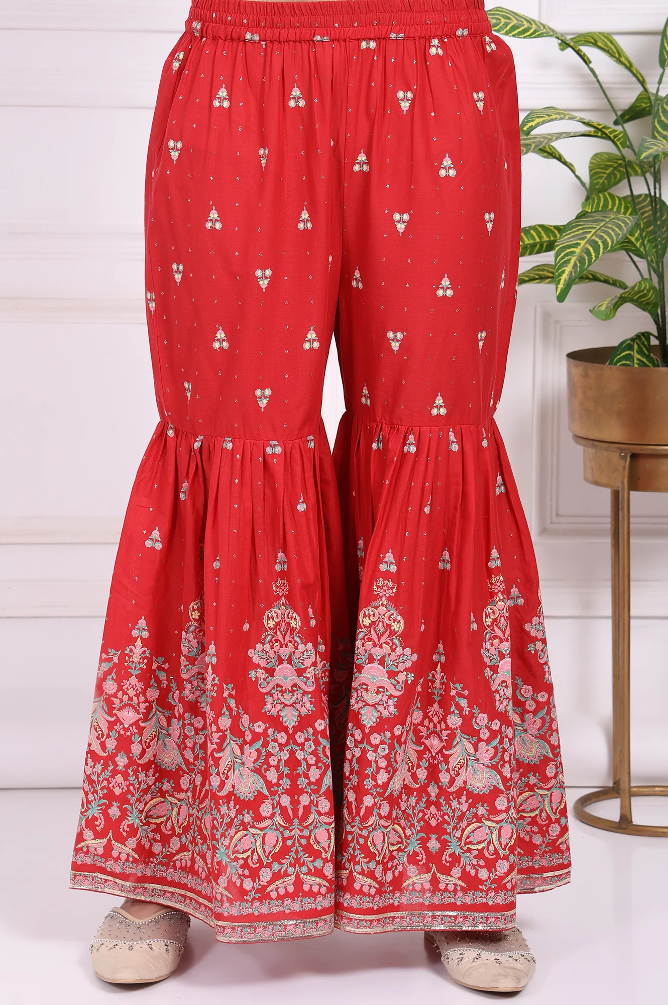 Red Floral Printed Embroidered Straight Cotton Kurta with Sharara and Dupatta Set - Image 8