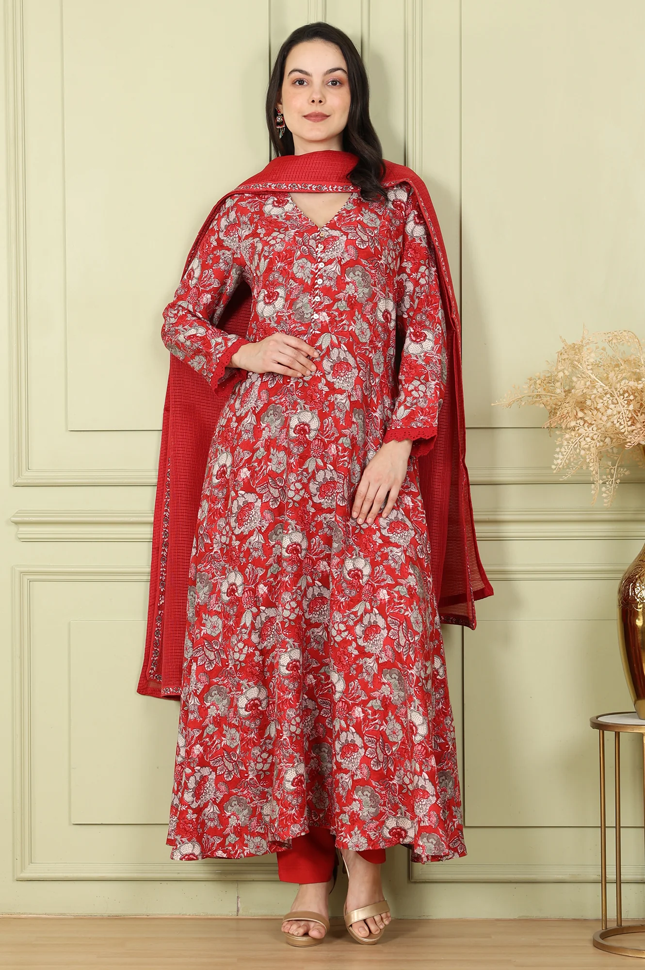 Red Floral Printed Flared Anarkali Kurta, Straight Pants And Dupatta Set - Image 2