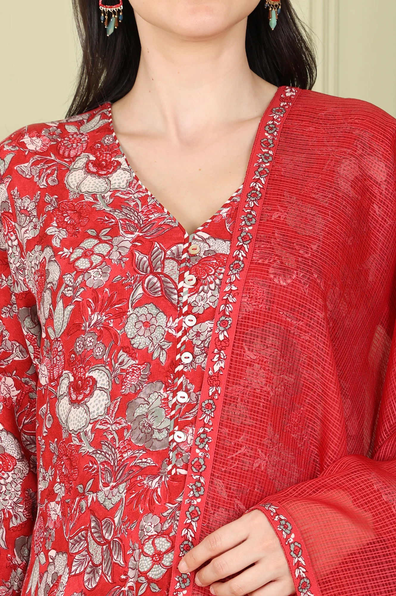 Red Floral Printed Flared Anarkali Kurta, Straight Pants And Dupatta Set - Image 3