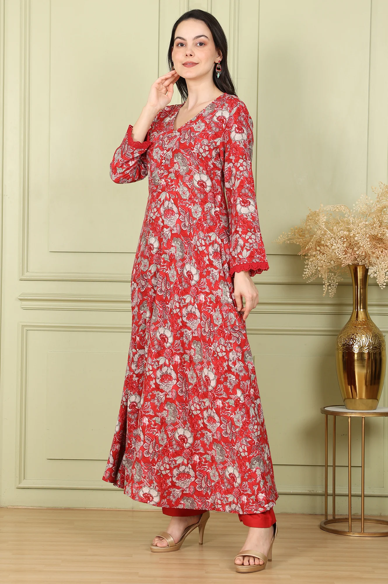 Red Floral Printed Flared Anarkali Kurta, Straight Pants And Dupatta Set - Image 4