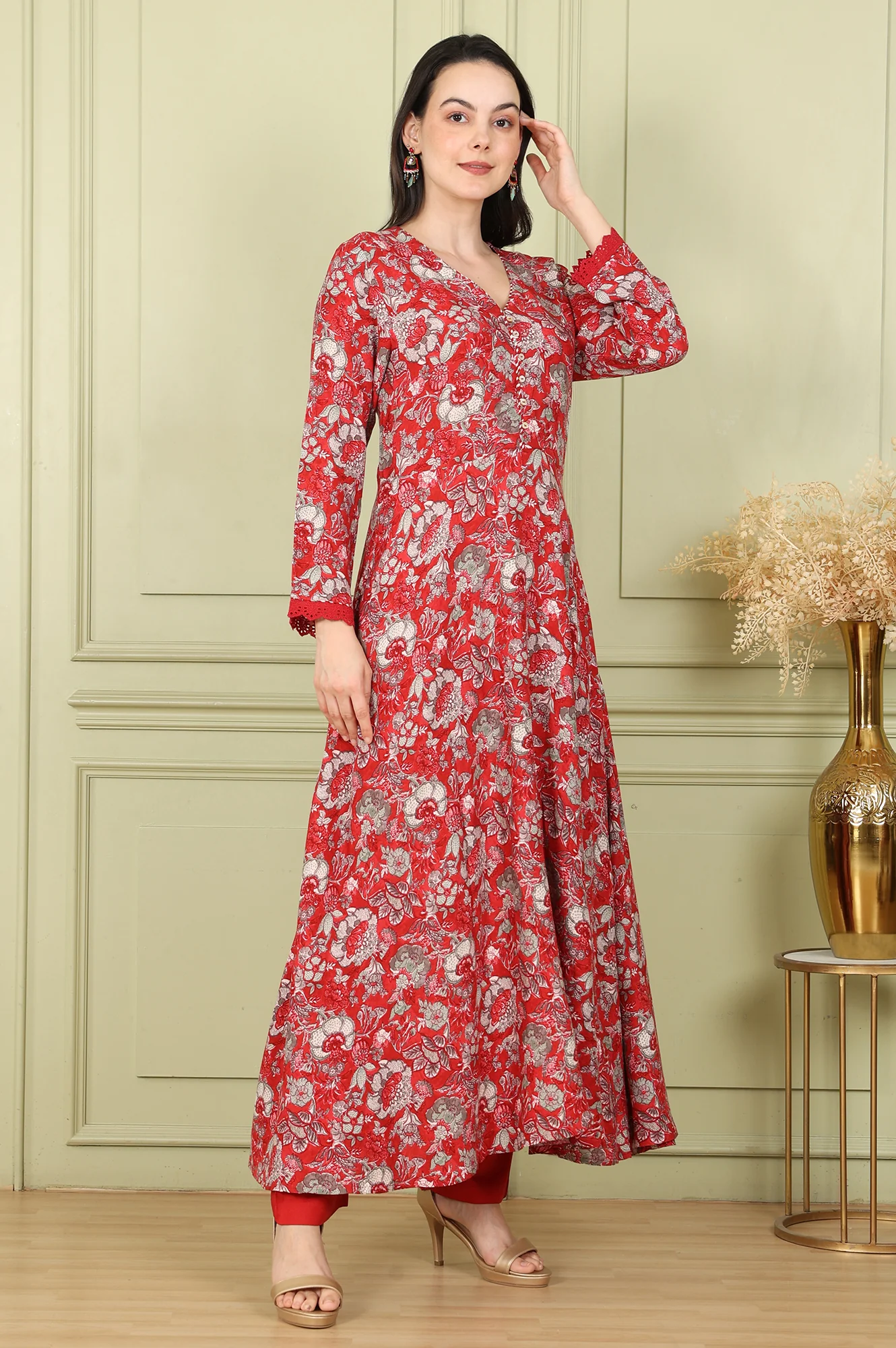 Red Floral Printed Flared Anarkali Kurta, Straight Pants And Dupatta Set - Image 6