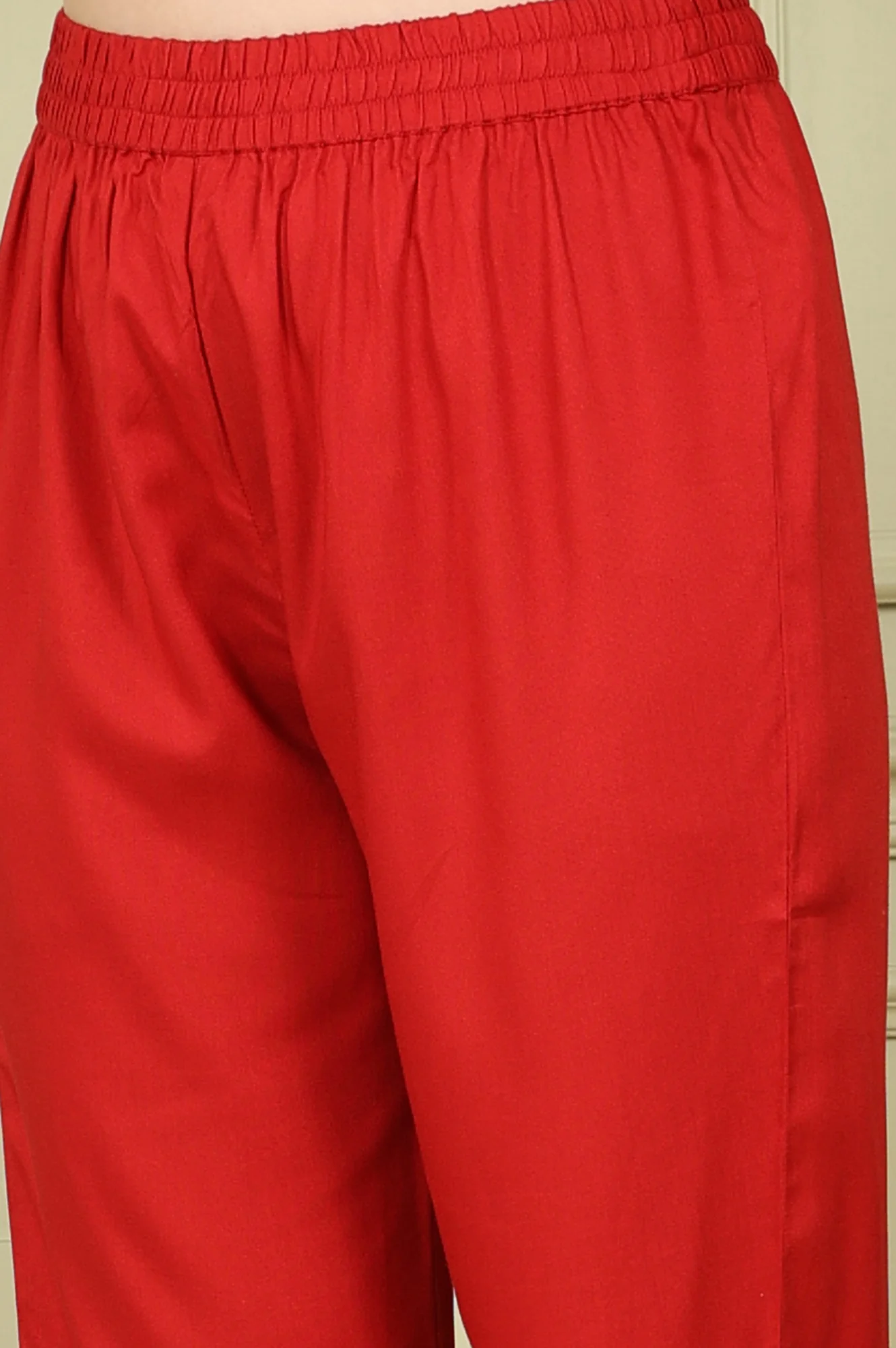 Red Floral Printed Flared Anarkali Kurta, Straight Pants And Dupatta Set - Image 9