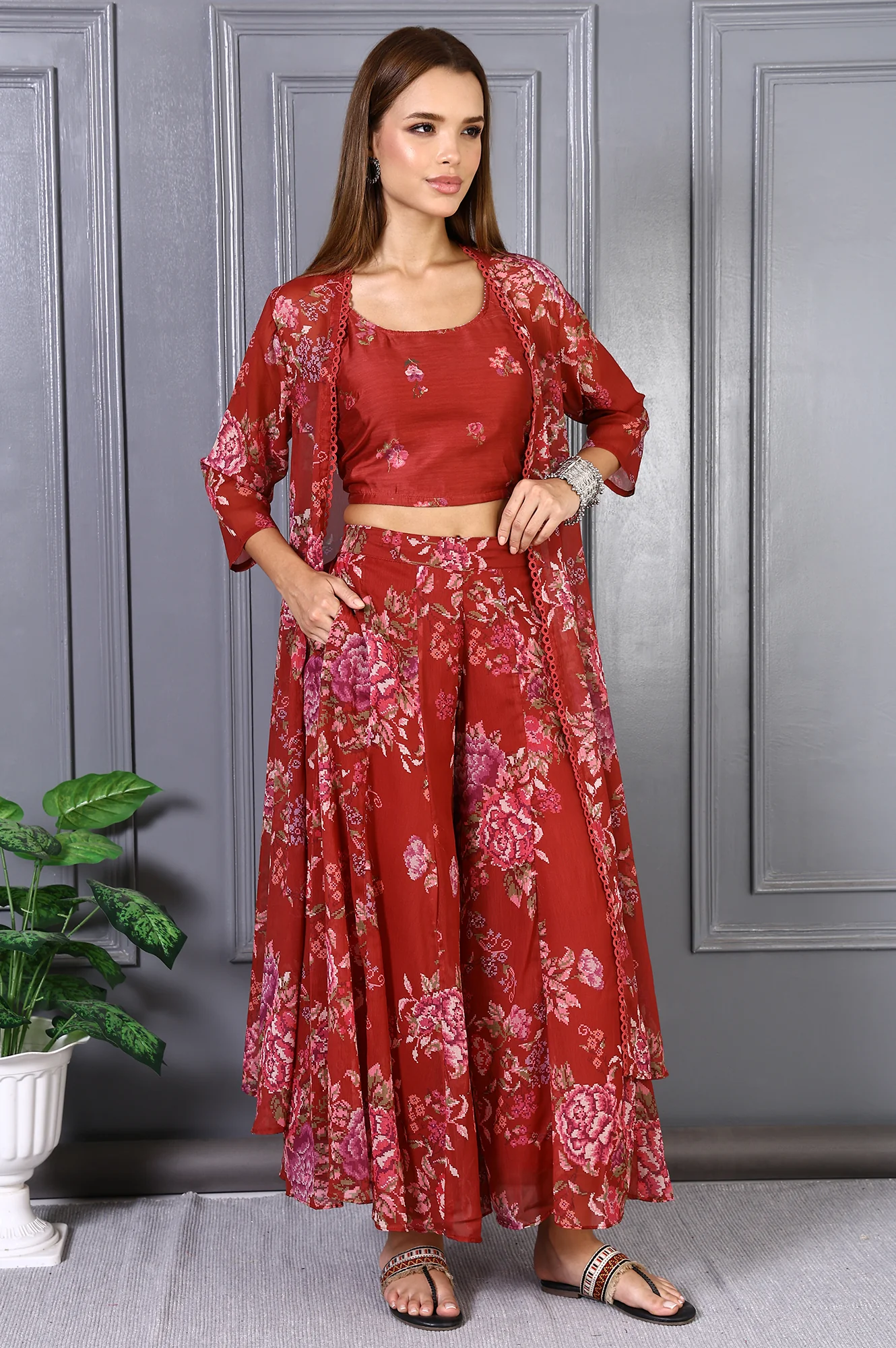 Red Floral Printed Lace Chiffon Crop Spaghetti Top, Jacket and Flared Pants Set - Image 6
