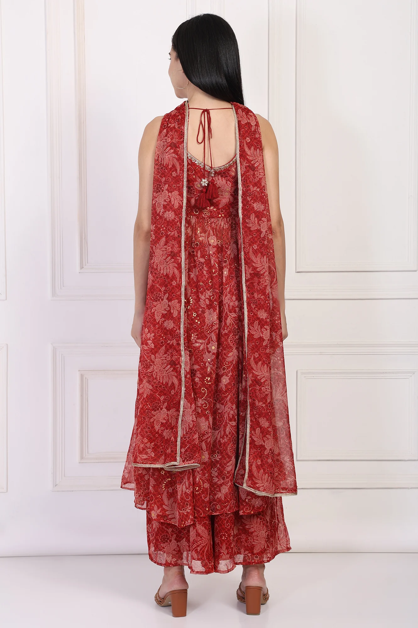 Red Floral Printed Lace Trim Anarkali Chiffon Kurta with Flared Pant and Dupatta Set - Image 5