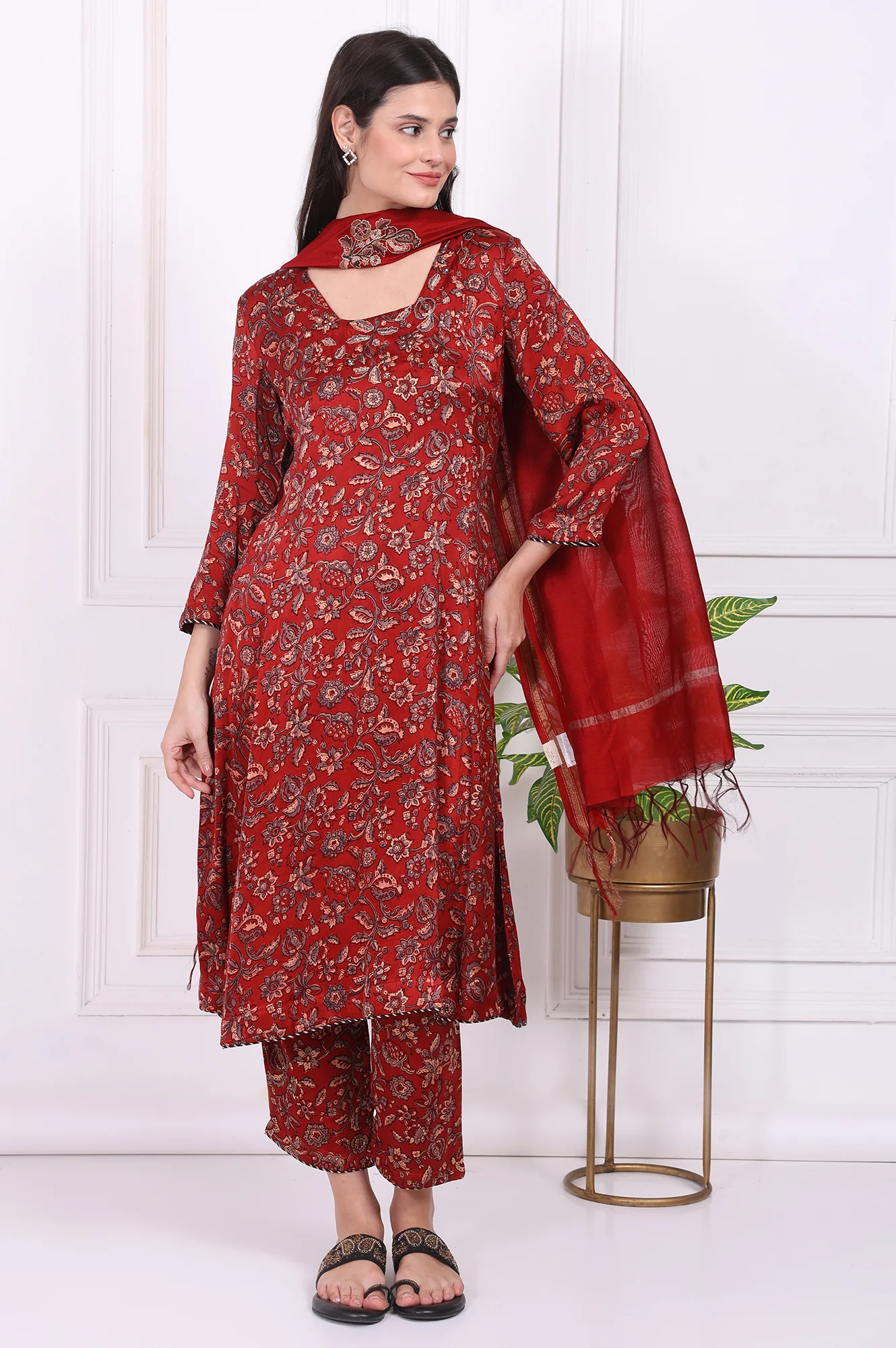 Red Floral Printed Modal Satin Straight Kurta, Pants and Dupatta Set