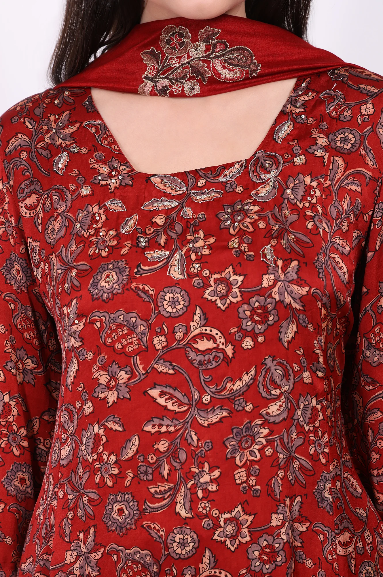 Red Floral Printed Modal Satin Straight Kurta, Pants and Dupatta Set - Image 3